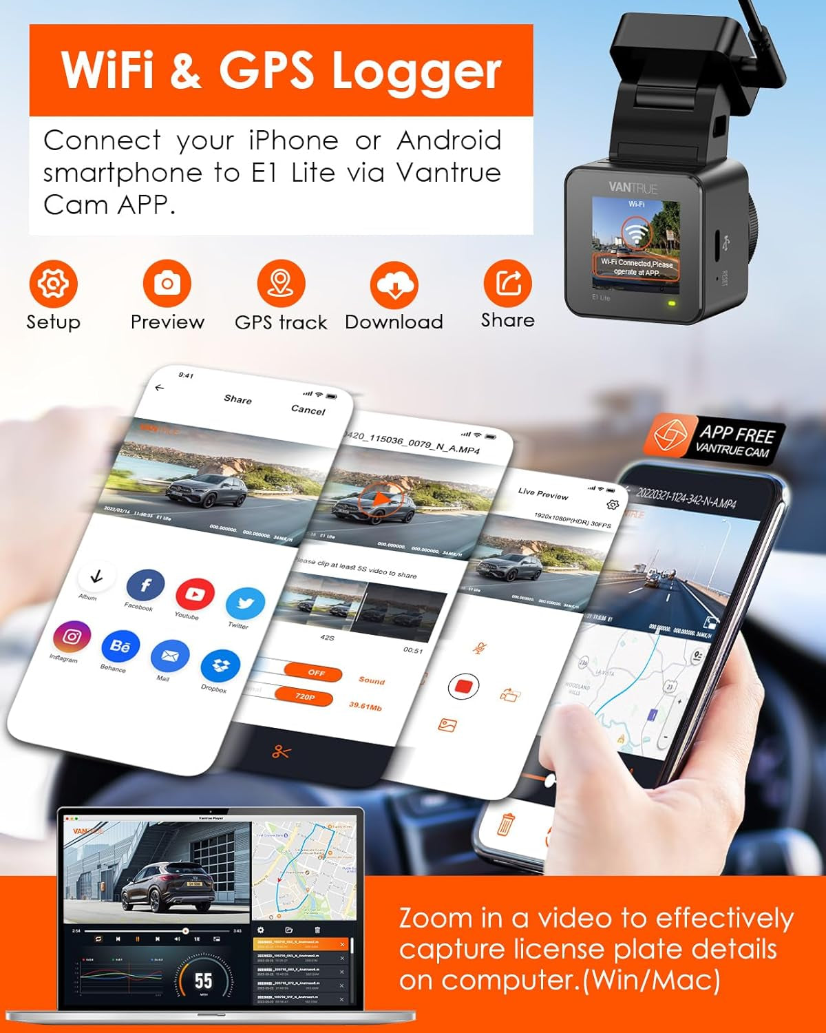 E1 Lite 1080P Wifi Mini Dash Cam with GPS and Speed, Free App, Voice Control Detachable Dash Camera, 24 Hours Parking Mode, Night Vision, Motion Detection, Loop Recording, Support 512GB Max