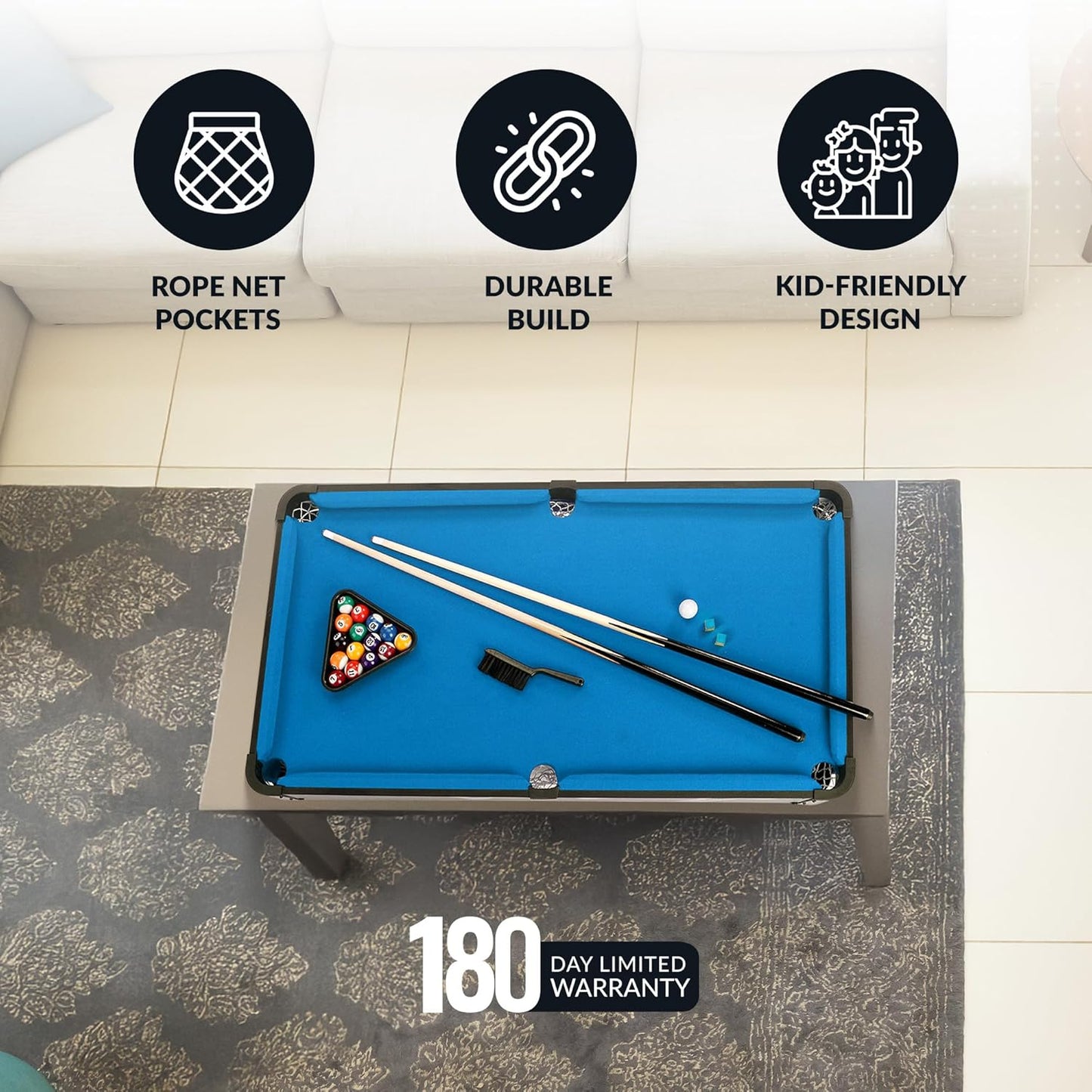 Breakout 40-In Tabletop Billiards Set for Dining or Game Tables – Compact Blue Pool Playing Surface with Cue Sticks, Ball Kit, Triangle, Chalk & Brush – Lightweight Portable Indoor Fun