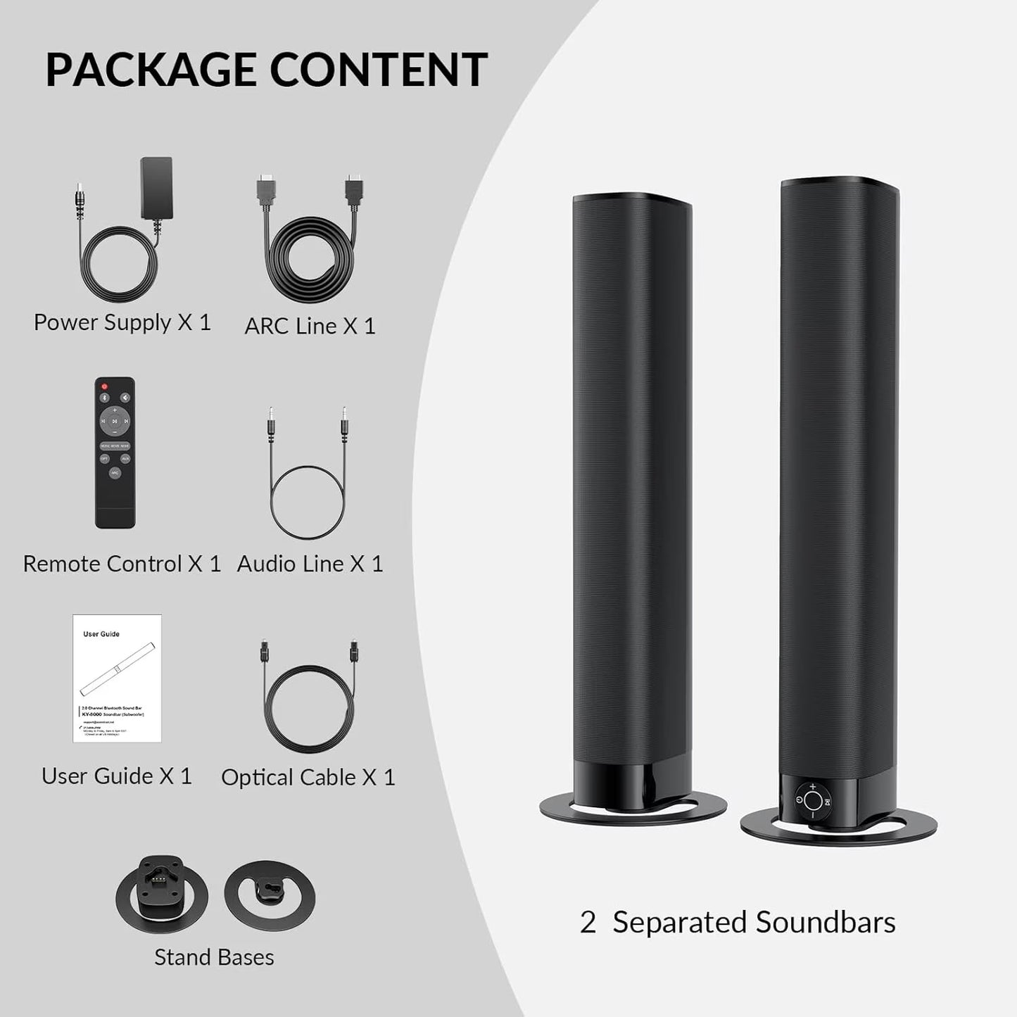 Sound Bar for TV, 2-In-1 Detachable Soundbar with Auto Volume Boost, TV Speakers with 3 EQ Modes, Bluetooth 5.3/Arc/Opt/Aux Connection for Pc/Gaming/Projectors