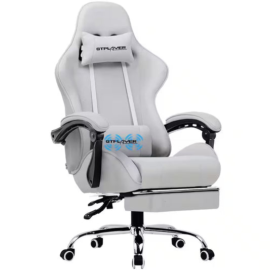 Fabric Gaming Chair Adjustable Height Computer Chair Light Gray Game Chair with Footrest, Headrest