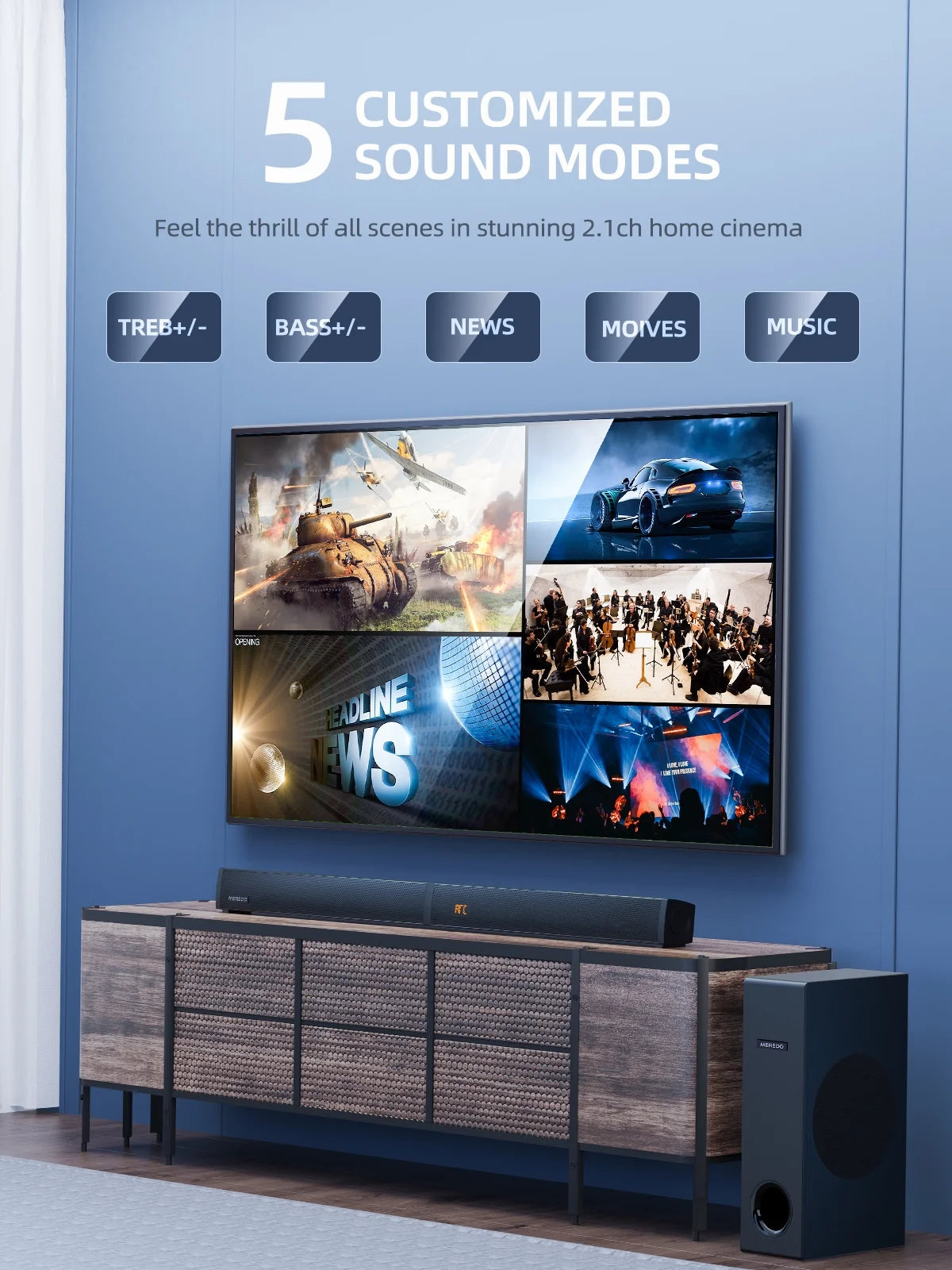 180W Separable Sound Bar with Subwoofer, 2.1CH  Detachable Soundbar for TV/PC, 5 EQ Modes Treble & Bass Adjust, HDMI Arc/Optical/Bluetooth 5.4/Aux--32 Inch