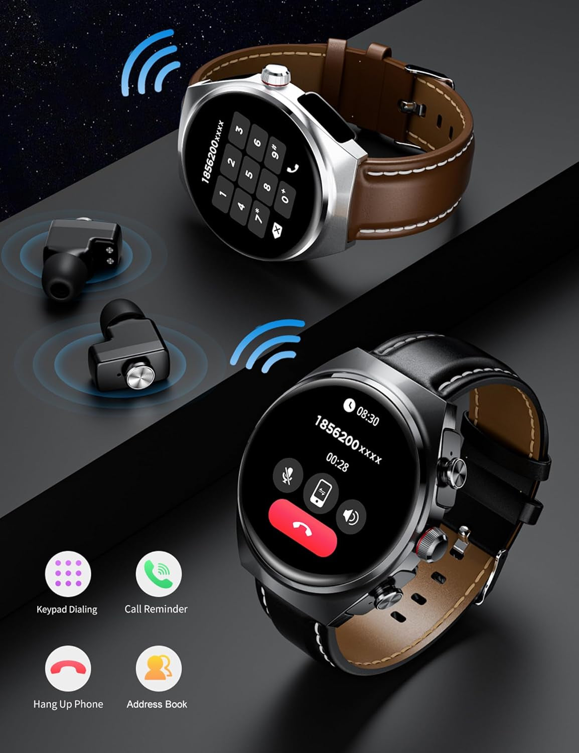 Smart Watch with Earbuds for Android Iphone,Round 1.53”HD Big Screen (Make/Answer Calls) Fitness Tracker,All-In-One Smartwatches Long Time Standby TWS Music Watch for Men Women