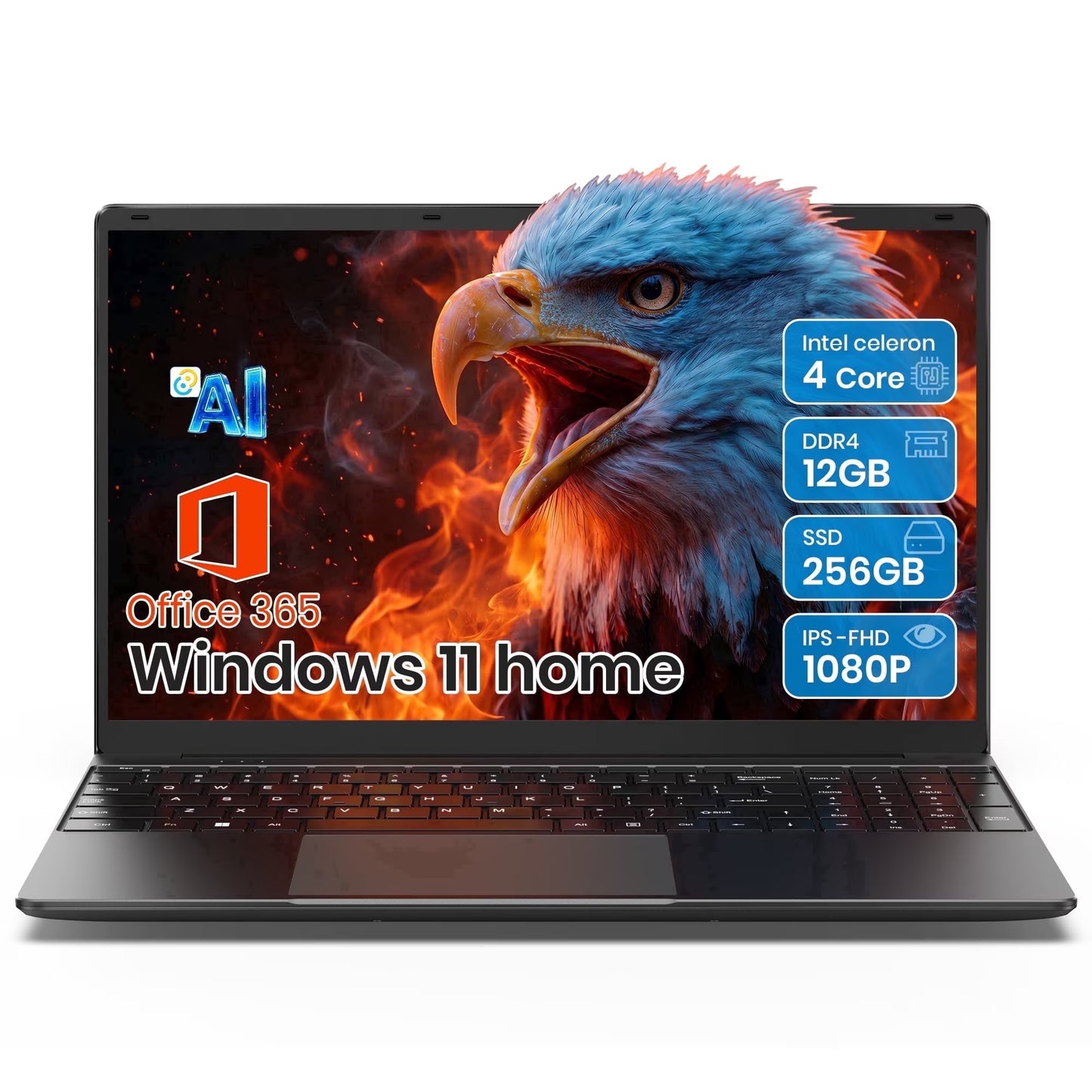 15.6" Laptop 12GB DDR4 256GB SSD Windows 11 Laptops Computer, 4-Core Intel Celeron CPU, AI App, Office 365, 1080P FHD, Wifi 5