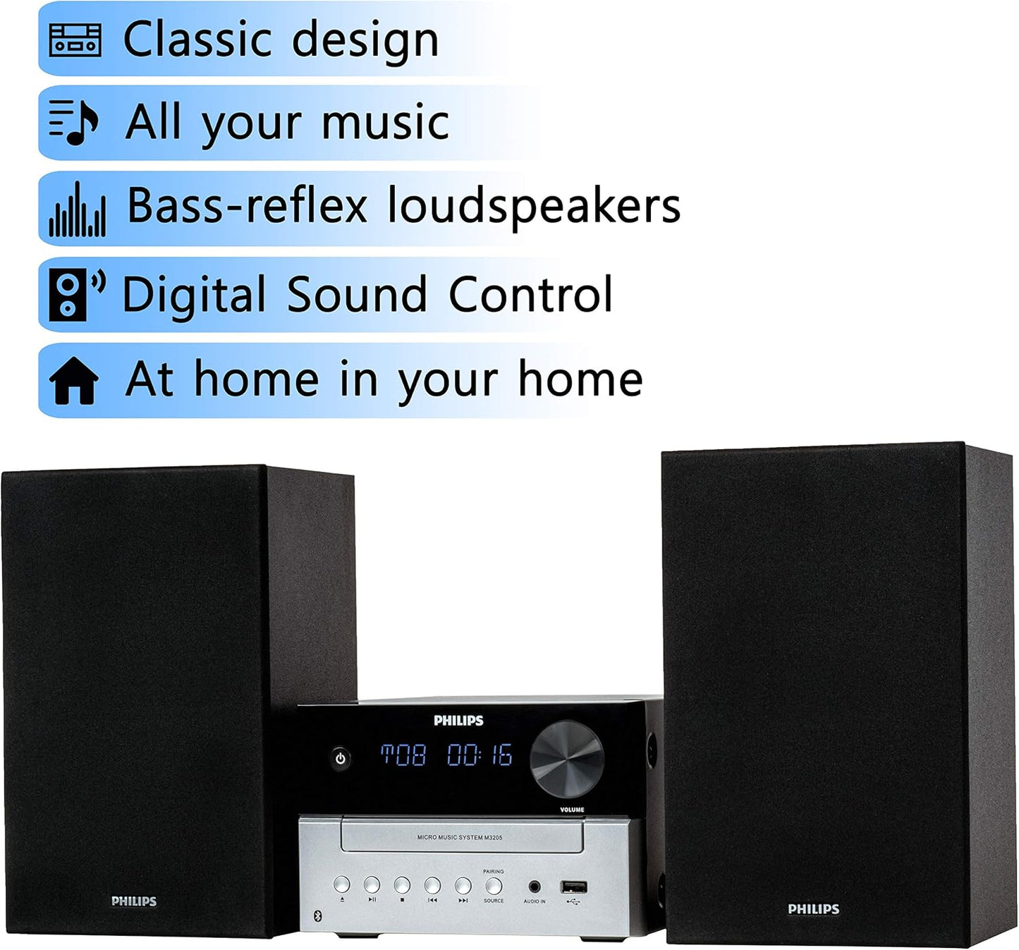 Philips Bluetooth Stereo System for Home with CD Player for Home, Wireless Streaming, MP3, USB, Audio In, FM Radio, 18W, Micro Music Sound System