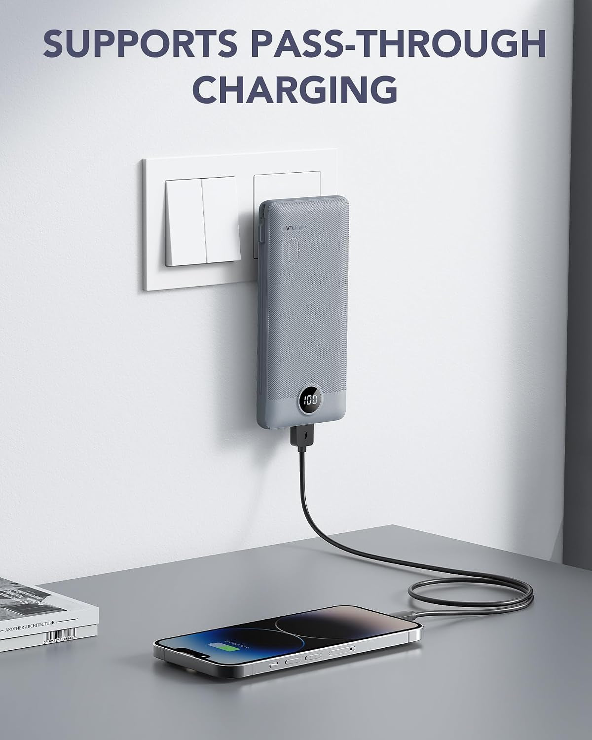 Portable Charger Built-In Cables and AC Wall Plug, USB C Power Bank 10000Mah, Travel Battery Portable Phone Charger Compact Lightweight External Battery Pack for Smart Phones, Tablets Etc-Grey