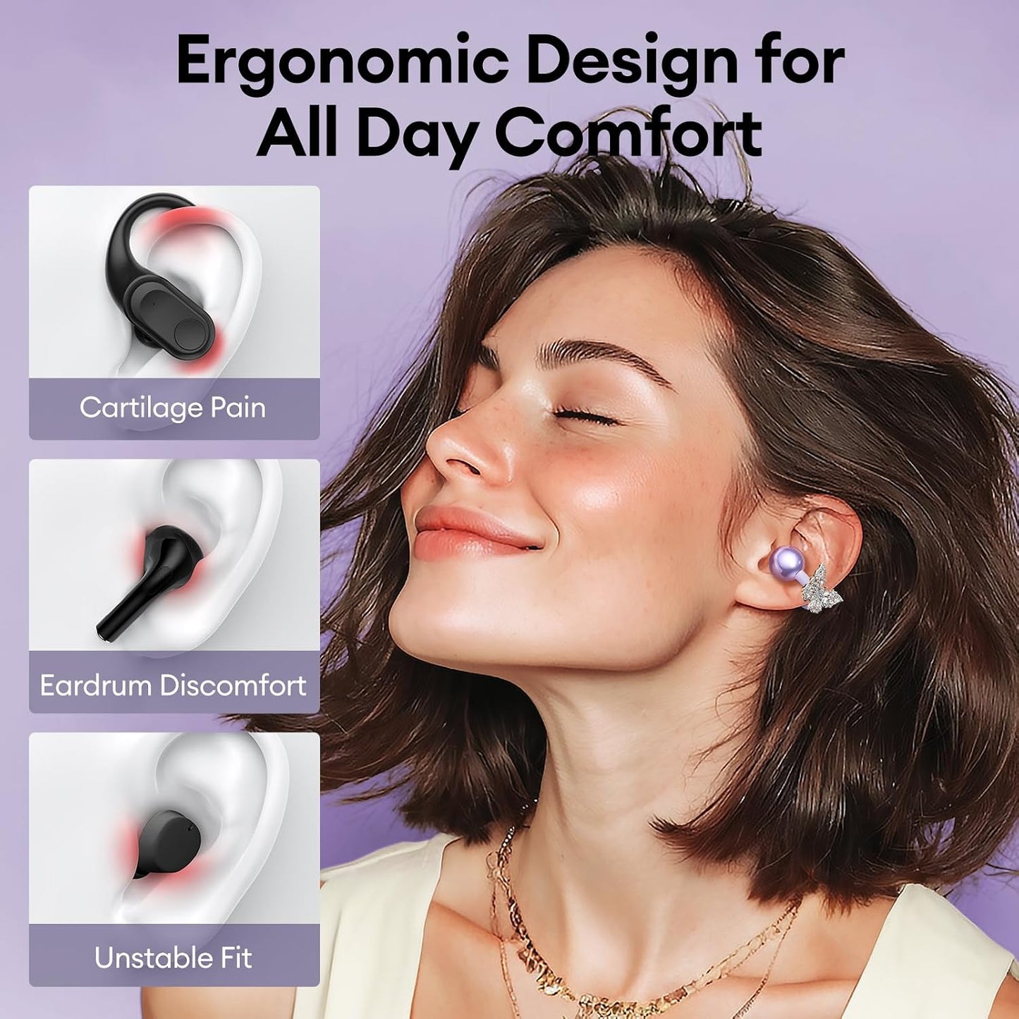 Stylish Open Ear Clip on Earbuds with Removable Butterfly Earring, Clip on Headphones with LCD Touch Screen, Fashionables Open Ear Headphones for Women, Butterfly Earring Purple Earbuds