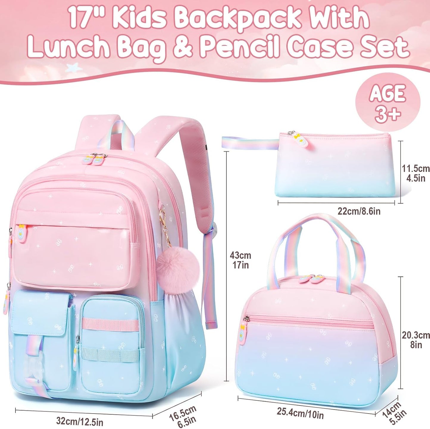 Backpack for Girls, 3 PCS Waterproof Kids Backpack with Lunch Box & Pencil Case, Gradient Backpacks for Teen Girl Kindergarten Elementary Middle High School Student Back to School Bookbag Set
