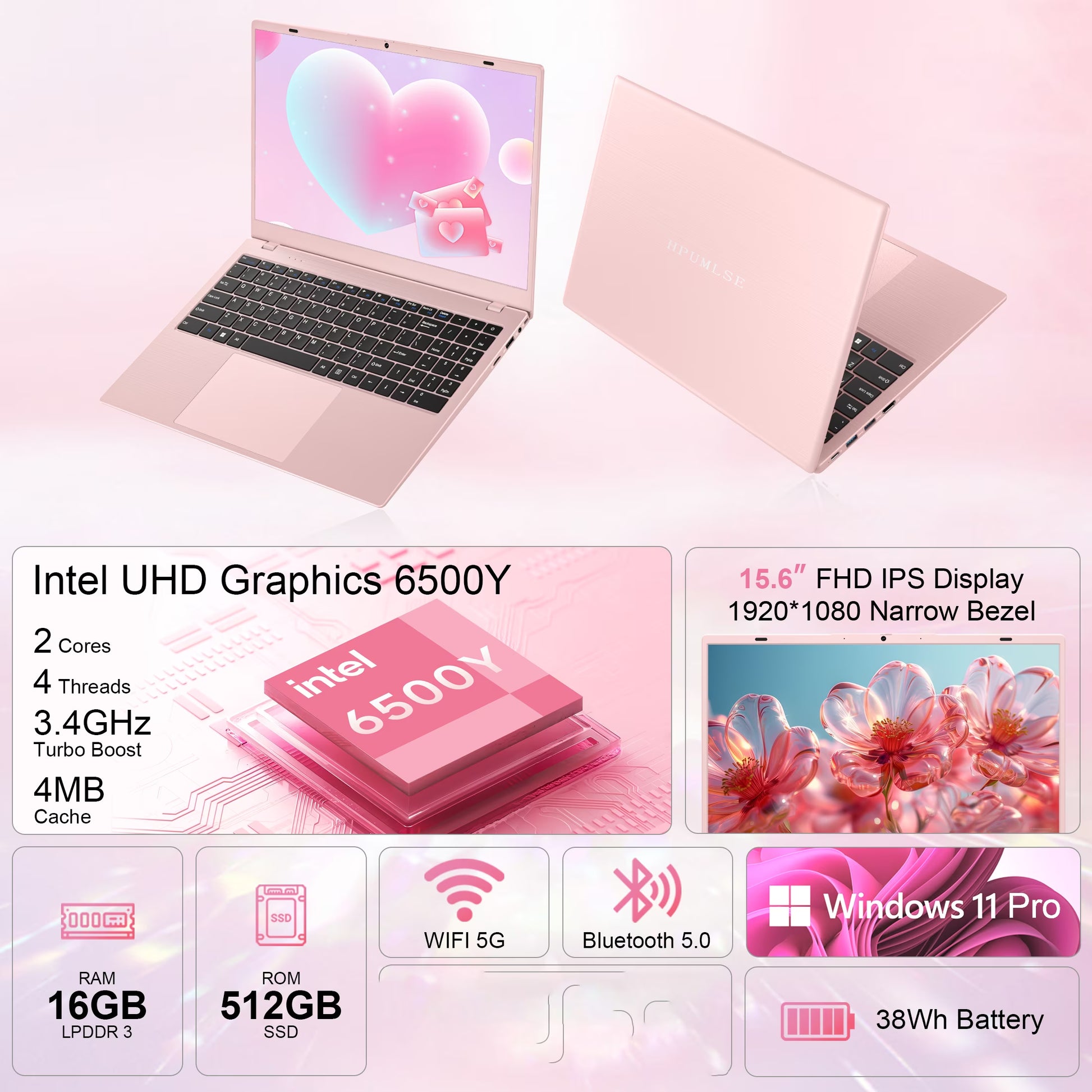 15.6" Pink Laptop Computer, 16GB RAM 512GB SSD, Intel 6500Y (Up to 3.4Ghz) with Office 2024, Windows 11 Pro Laptop, IPS FHD Display, Notebook PC for Business, Student, Office