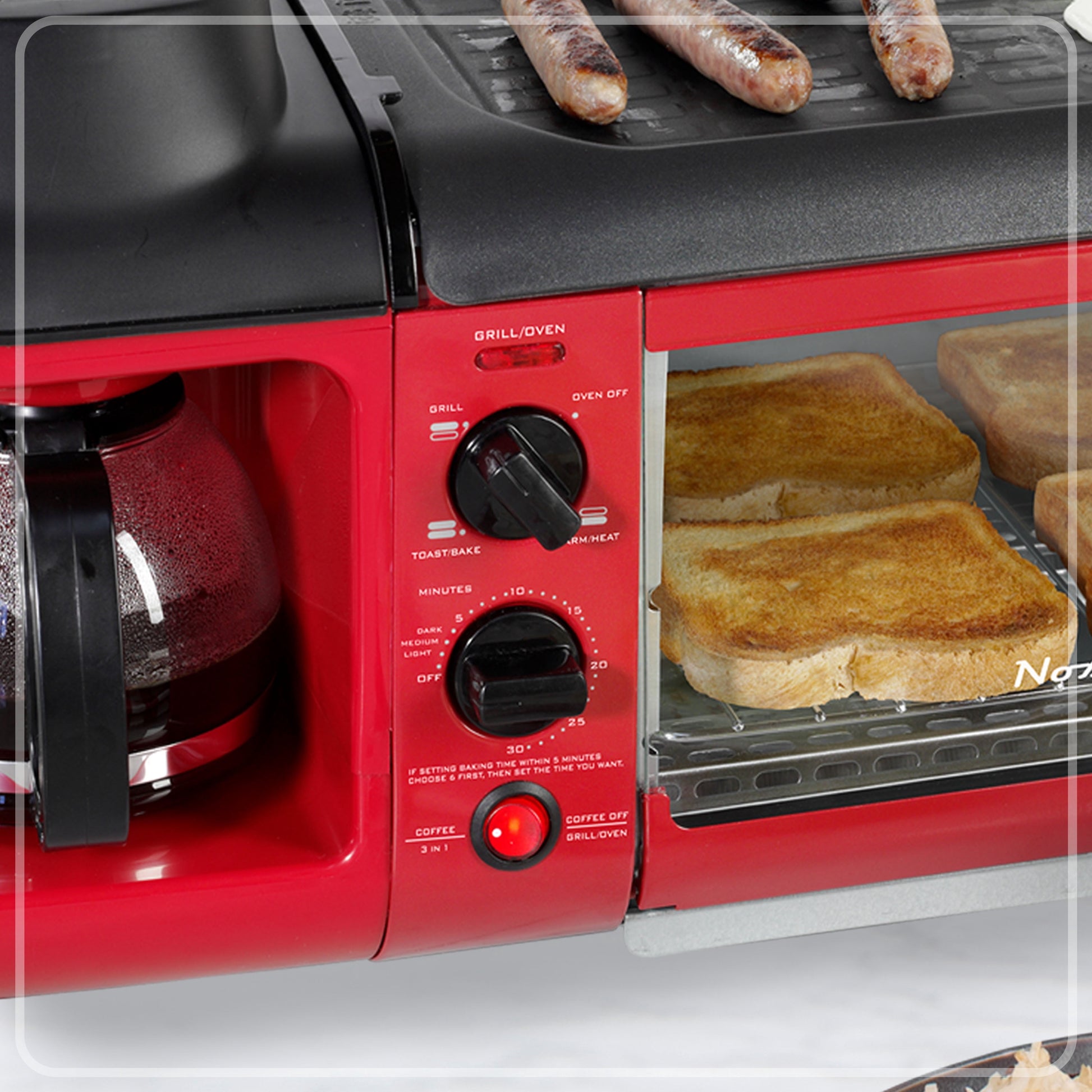 Retro 3-In-1 Breakfast Station with Coffeemaker, Griddle, and Toaster Oven, Retro Red