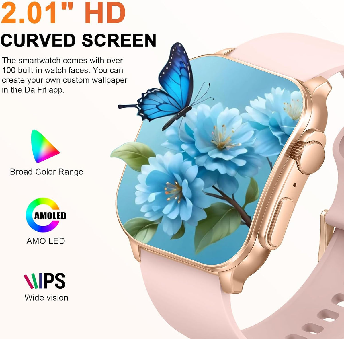Smart Watch for Women, 2.01" AMOLED Curved Display Fitness Tracker with Answer/Make Calls, 100+ Sport Modes, 24/7 Heart Rate/Sleep Monitor/Pedometer, IP68 Waterproof Smartwatch, for Android Ios Pink