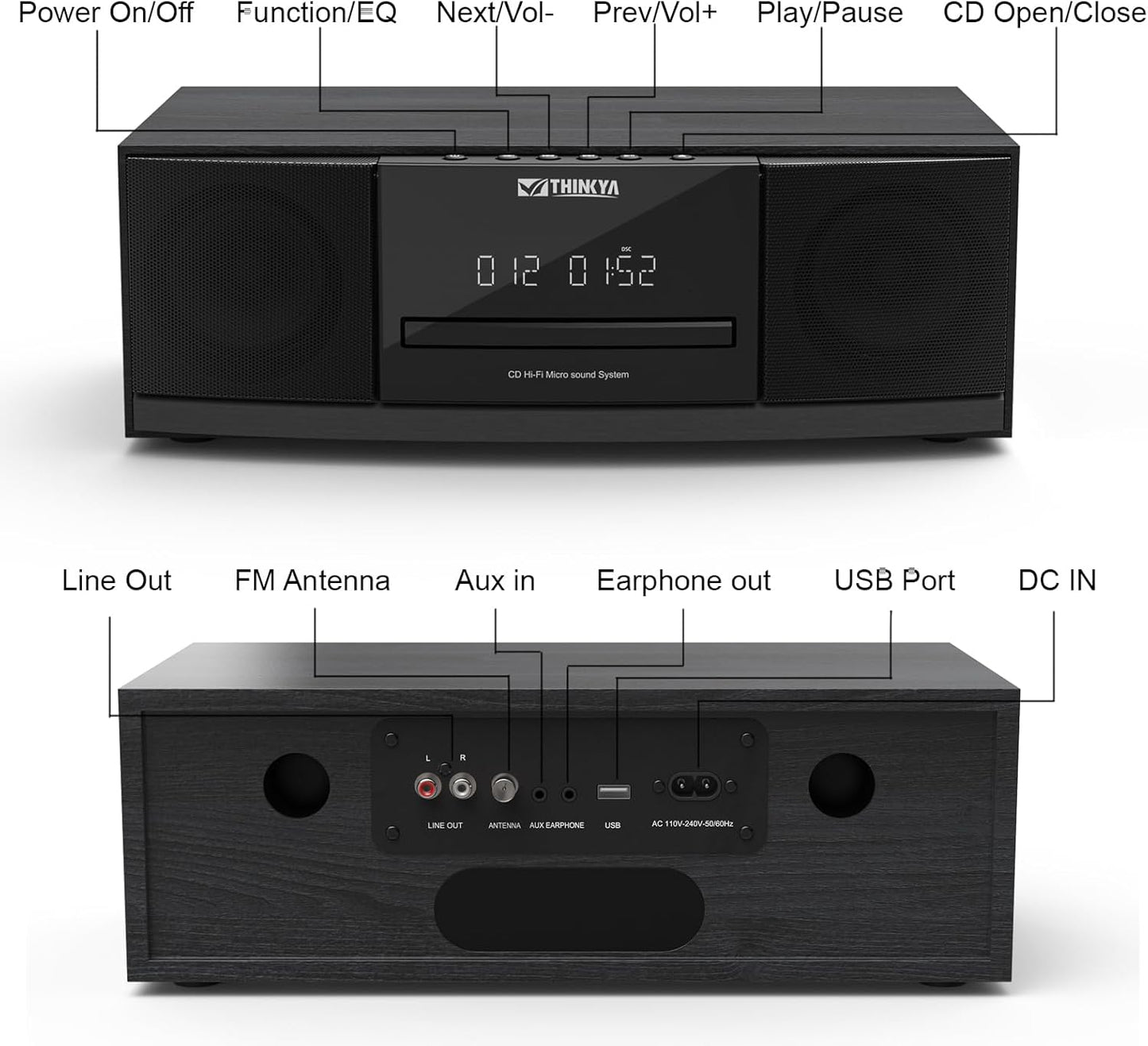 Bluetooth CD Player for Home Stereo System with FM Radio, Remote Control | 36W RMS Clear Stereo Sound, USB/AUX Input, Retro Wooden Design, Ideal Gift for Seniors & Music Lovers (No Clock or Alarm)