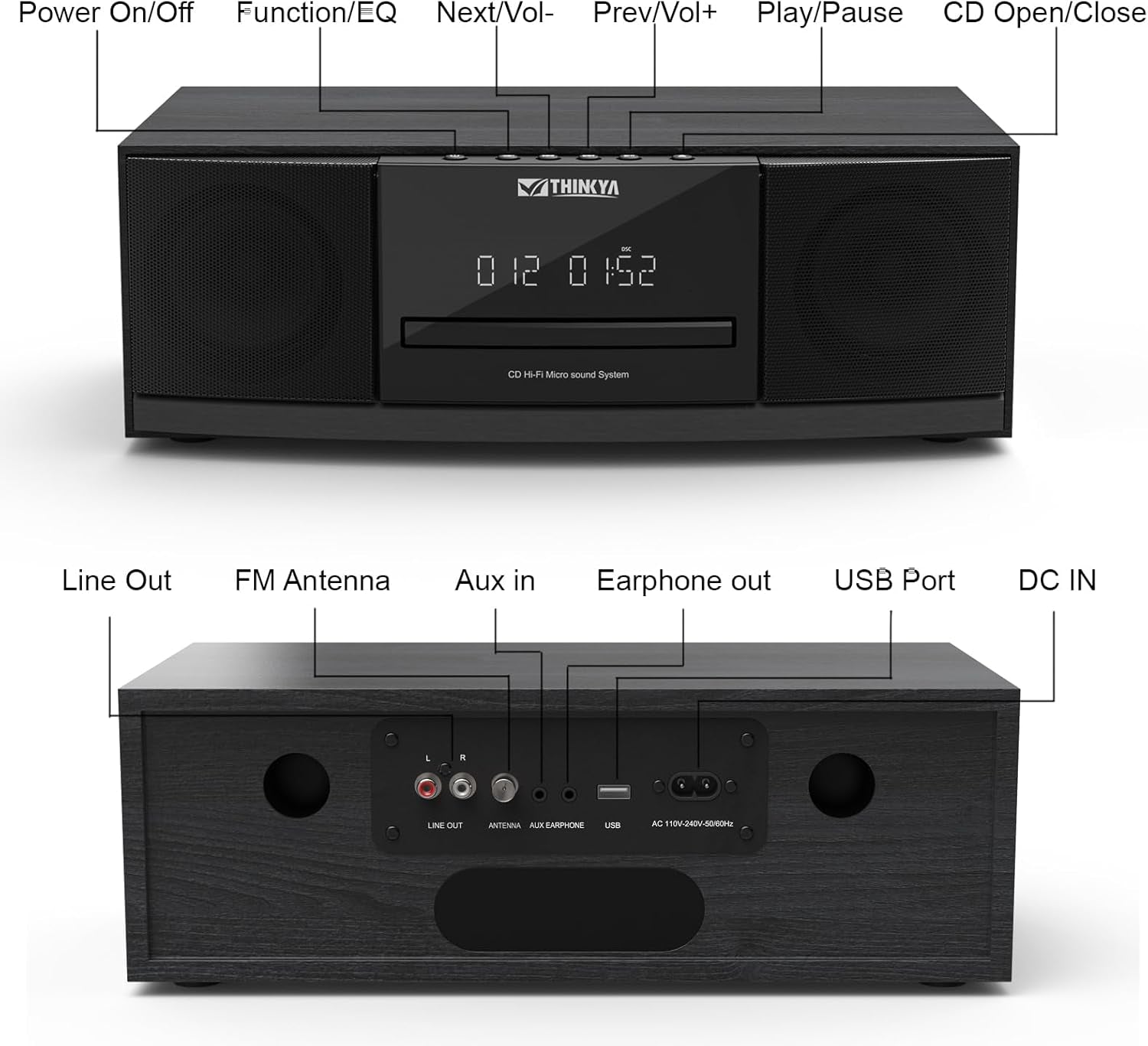 Bluetooth CD Player for Home Stereo System with FM Radio, Remote Control | 36W RMS Clear Stereo Sound, USB/AUX Input, Retro Wooden Design, Ideal Gift for Seniors & Music Lovers (No Clock or Alarm)