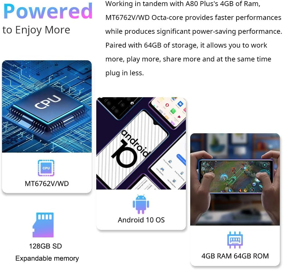 Unlocked Smartphones,  A80Plus, 4G Bundle Android 10 OS Android Phone, Dual Sim Unlocked Cell Phones, 4GB+64GB ROM, 6.5" HD+ Fingerprint Face Detection, 4680Mah Capacity Battery Tmobile Phone