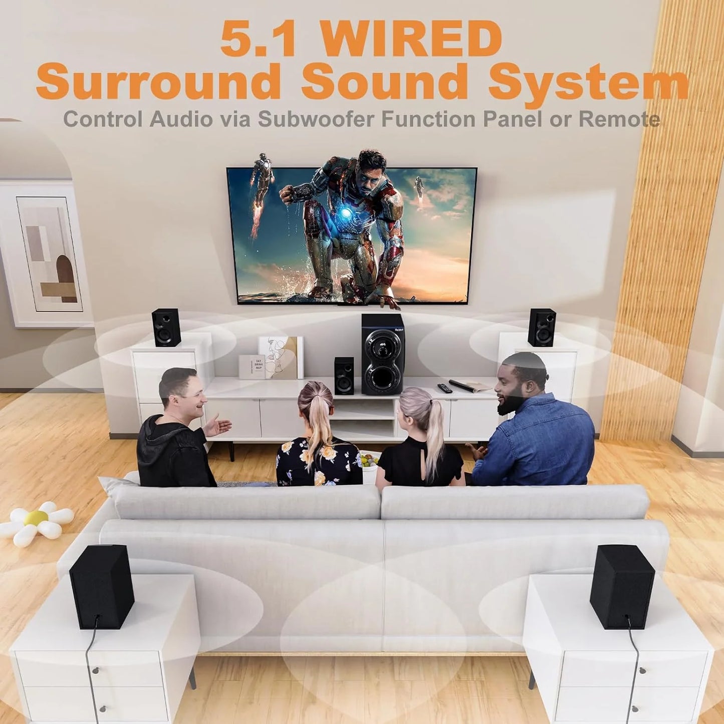 Surround Sound Systems 1400 Watts Peak Power Home Theater Speakers - 12" Subwoofer Strong Bass 5.1 Wired Loud Stereo Audio System with Bluetooth ARC Optical Input for TV