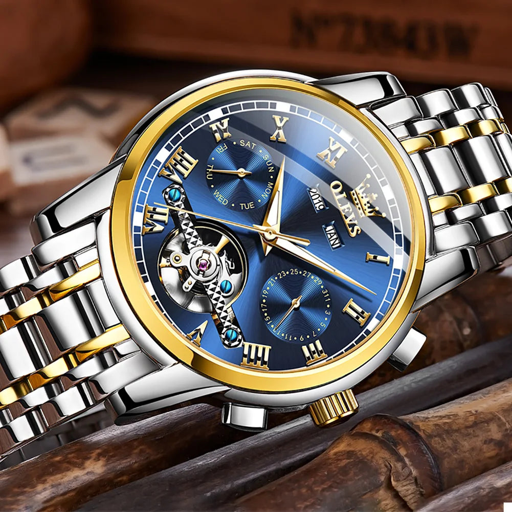 Men'S Watches Automatic Mechanical Business Wristwatch Waterproof Stainless Steel Strap Watch for Man Skeleton Calendar