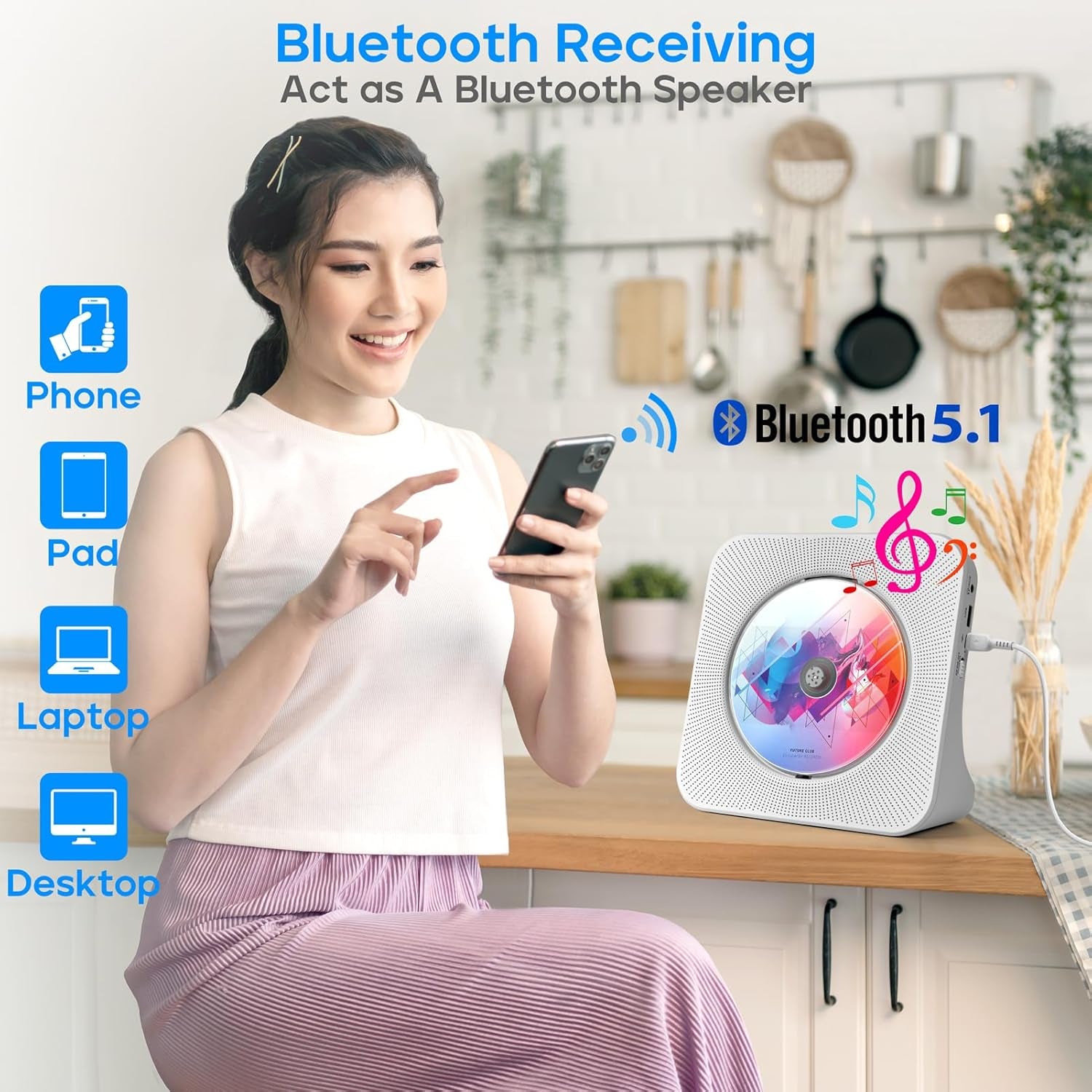 Bluetooth Portable CD Player with Speakers & Remote - FM Radio & USB Support