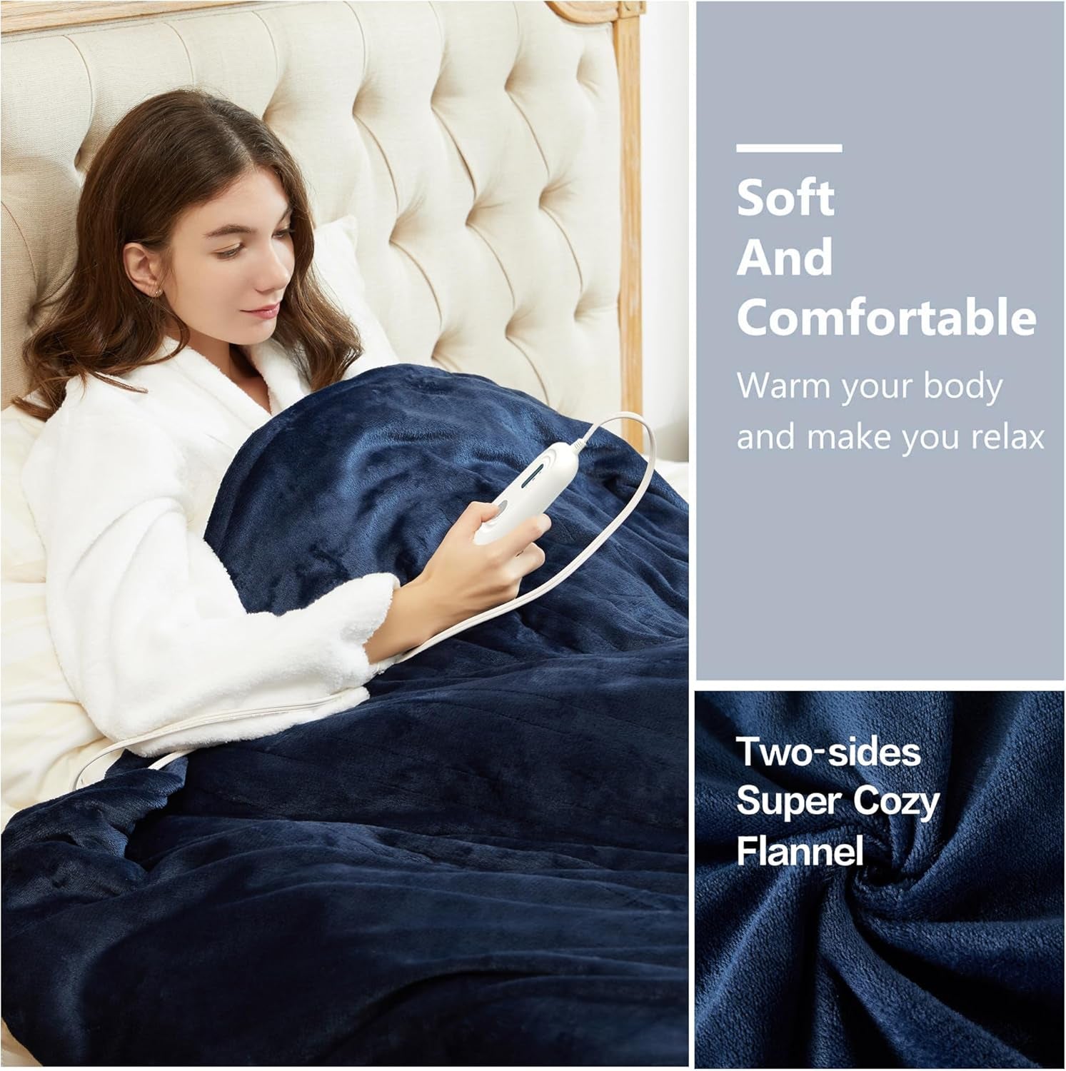 Electric Heated Blanket Twin,Super Cozy Soft 2-Layer Flannel 62" X 84" Heated Twin Size with 3 Heating Levels 8 Hours Auto Off, Machine Washable, ETL and FCC Certified, Home Office Use, Blue