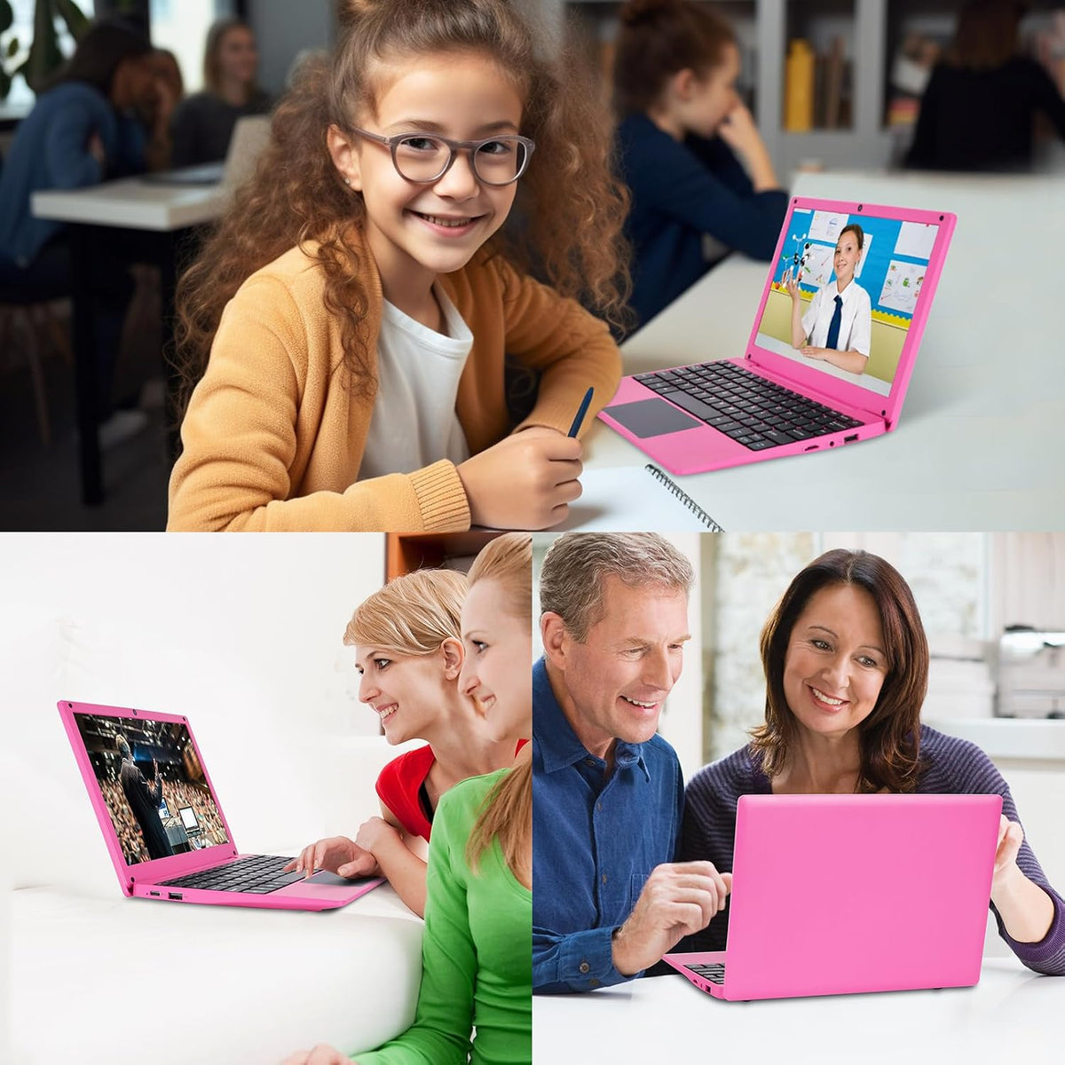 10.1Inch Laptop,Quad-Core Processor with Android 12.0 OS,2GB RAM,64GB Emmc,Built-In Camera, Wifi,Usb Interface,Tpye-C Charging for Learning and Entertainment (Pink 2GB+64GB)