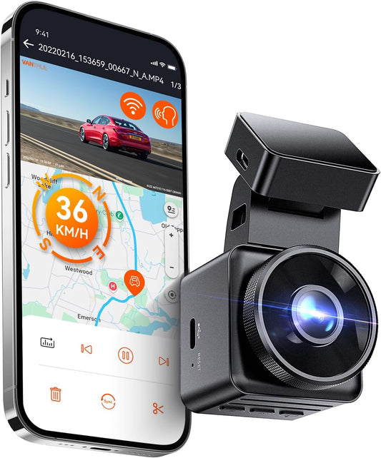 E1 Lite 1080P Wifi Mini Dash Cam with GPS and Speed, Free App, Voice Control Detachable Dash Camera, 24 Hours Parking Mode, Night Vision, Motion Detection, Loop Recording, Support 512GB Max