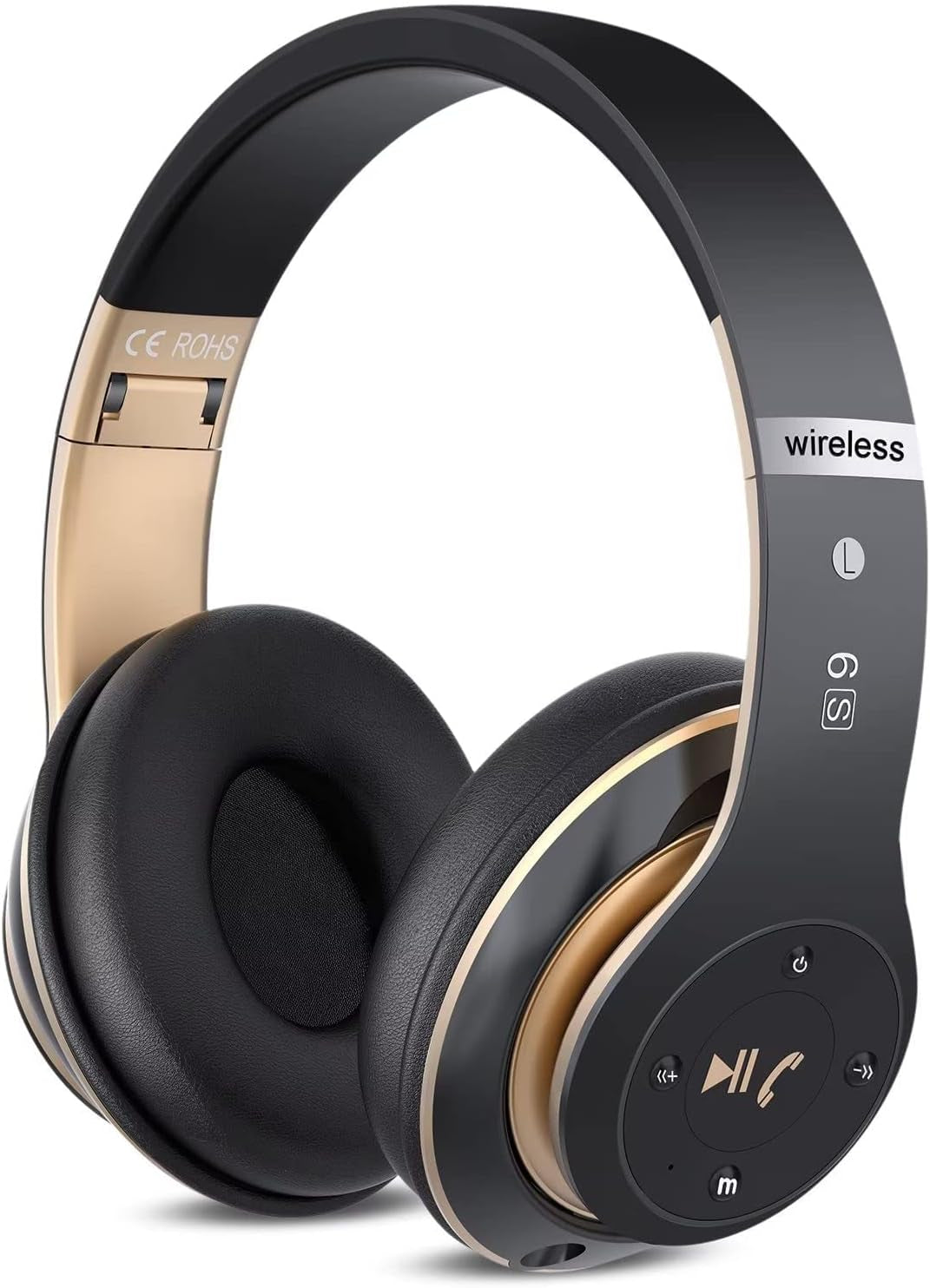 6S Wireless Bluetooth Headphones over Ear, Hi-Fi Stereo Foldable Wireless Stereo Headsets Earbuds with Built-In Mic, Volume Control, FM for Phone/Pc (Black & Gold)