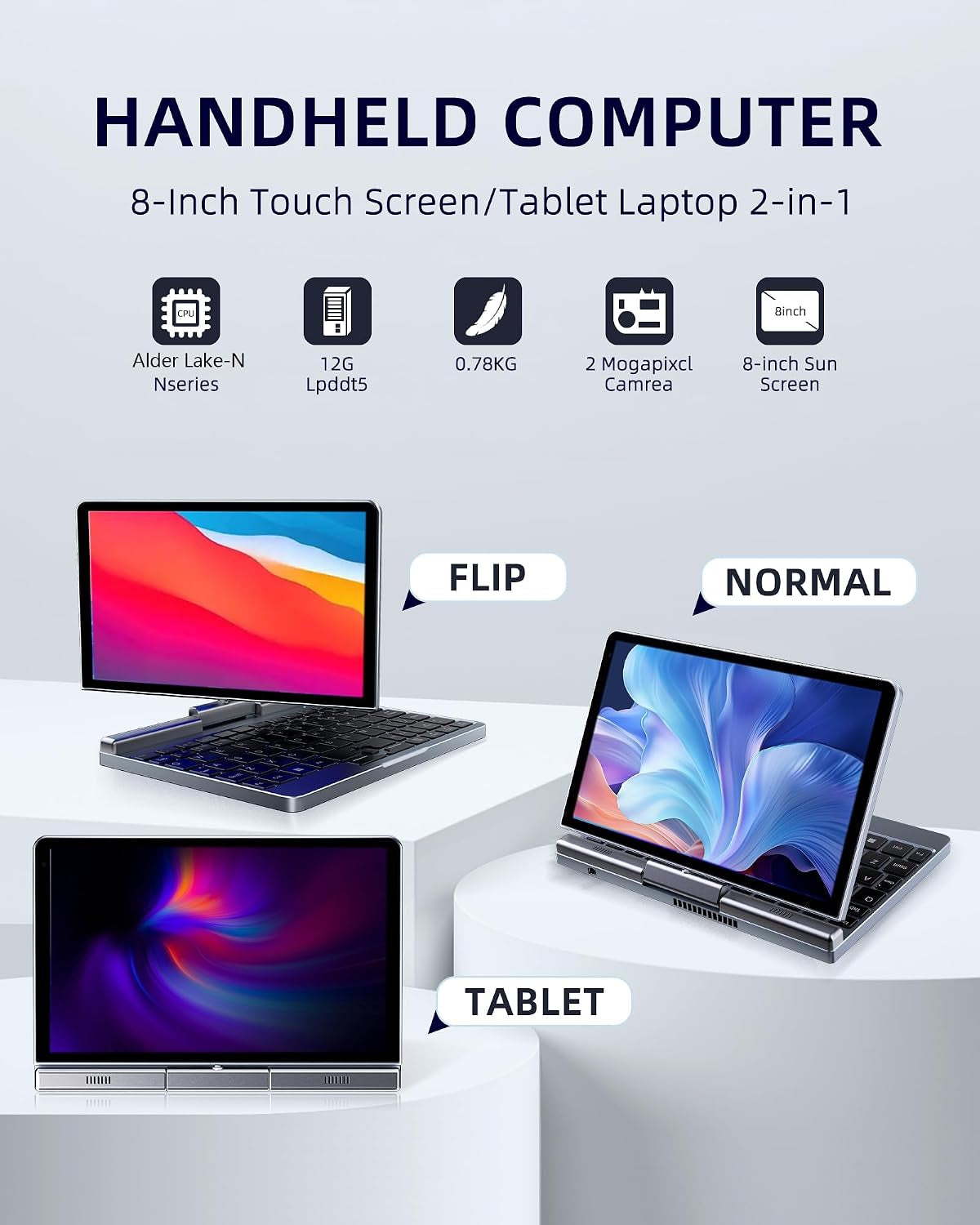 8" Mini 2-In-1 Touchscreen Laptop, Intel N95, 12GB LPDDR5, 512GB SSD