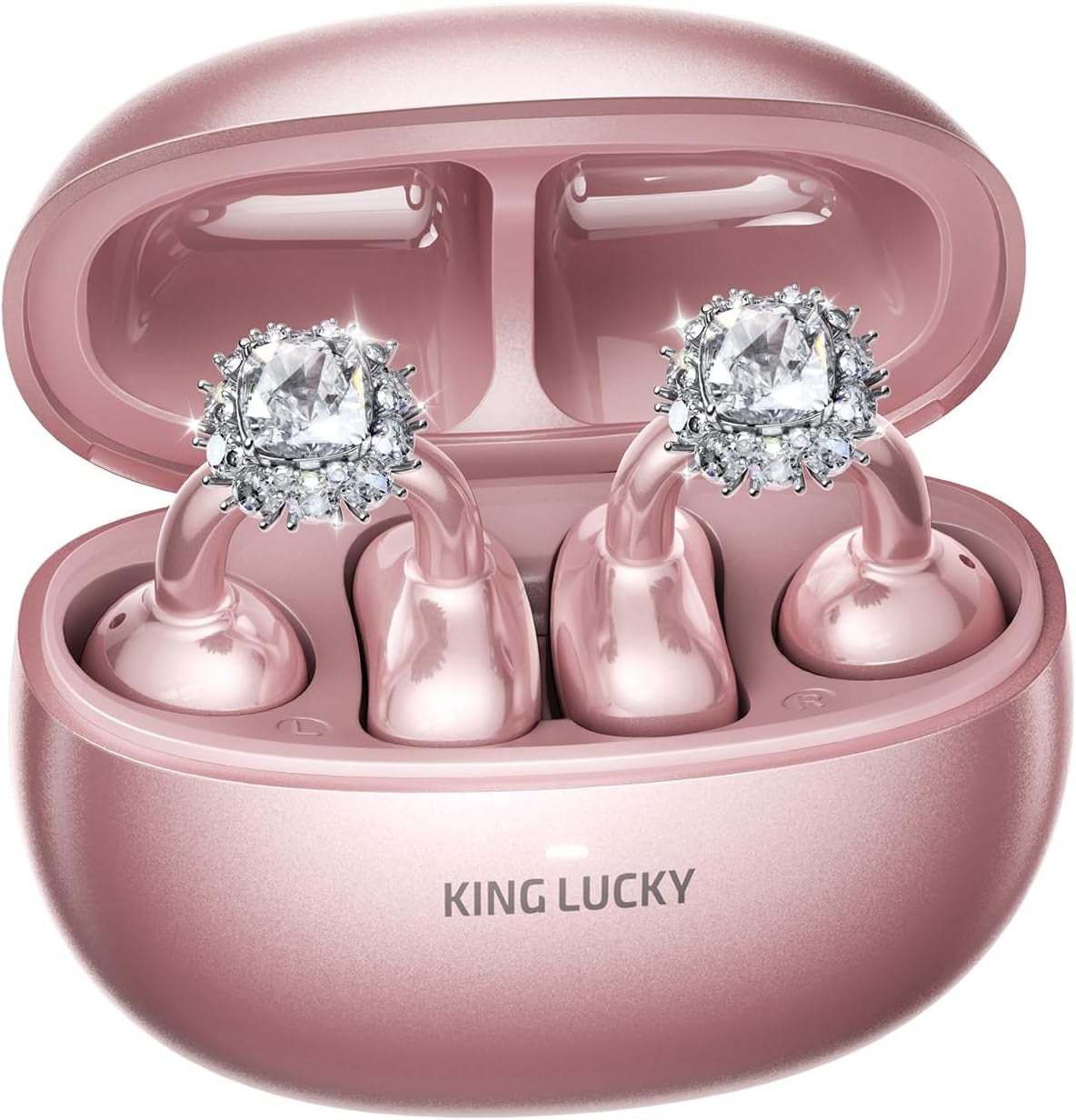 Jewelry-Inspired Clip-On Earbuds with Diamond Earrings, Comfortable Fit & 40H Playtime Open Ear Bluetooth 5.4 Wireless Headphones for Women, Small Ears, Sports & Workouts (Rose Gold)