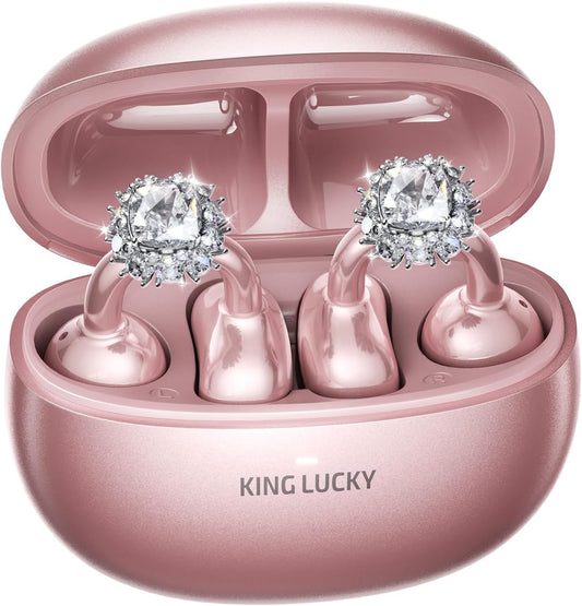 Jewelry-Inspired Clip-On Earbuds with Diamond Earrings, Comfortable Fit & 40H Playtime Open Ear Bluetooth 5.4 Wireless Headphones for Women, Small Ears, Sports & Workouts (Rose Gold)