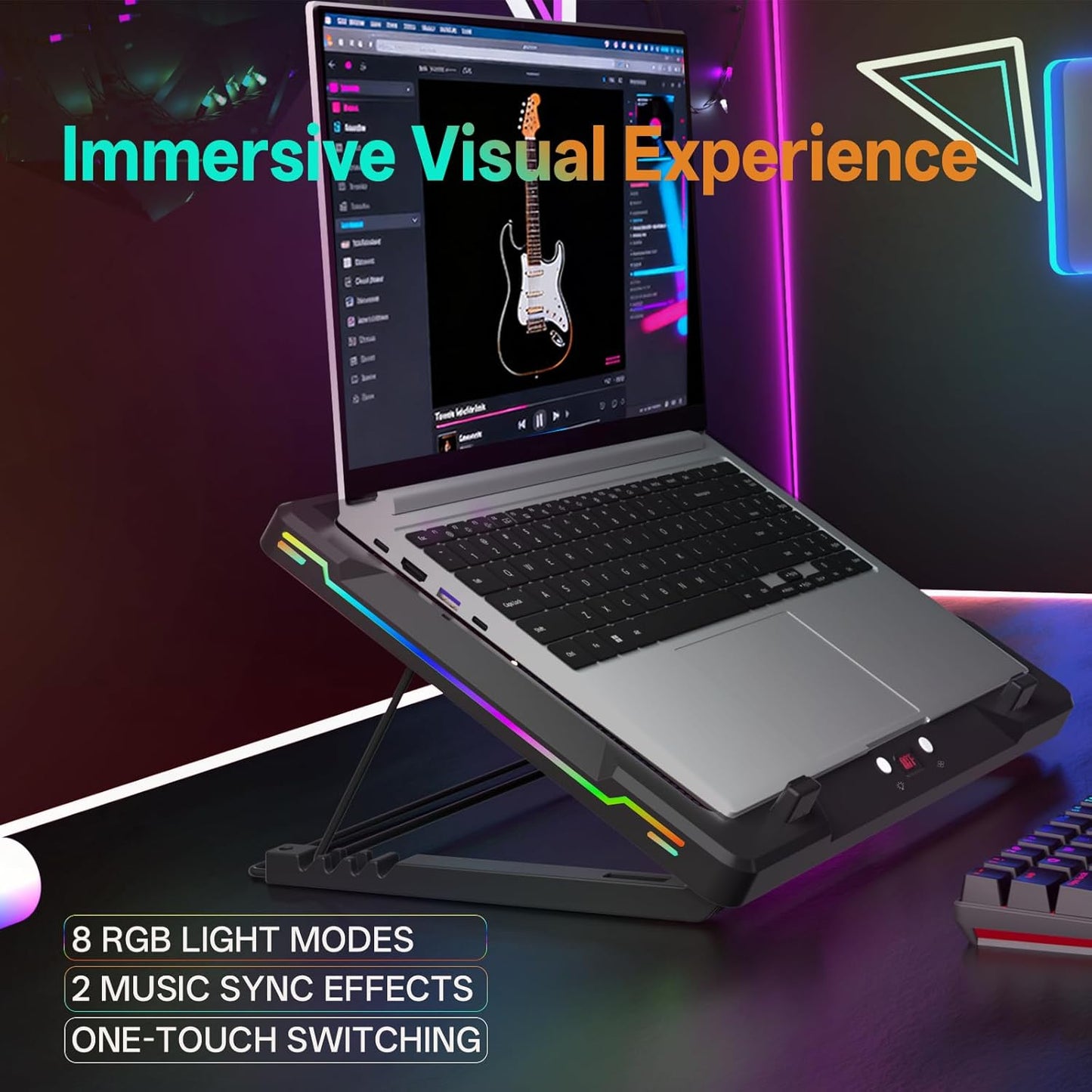 Movable RGB Laptop Cooler with 5.5" Sliding Fan, Ergonomic Cooling Stand with 8 Light Modes for 14-17.3 Inch Gaming Laptops