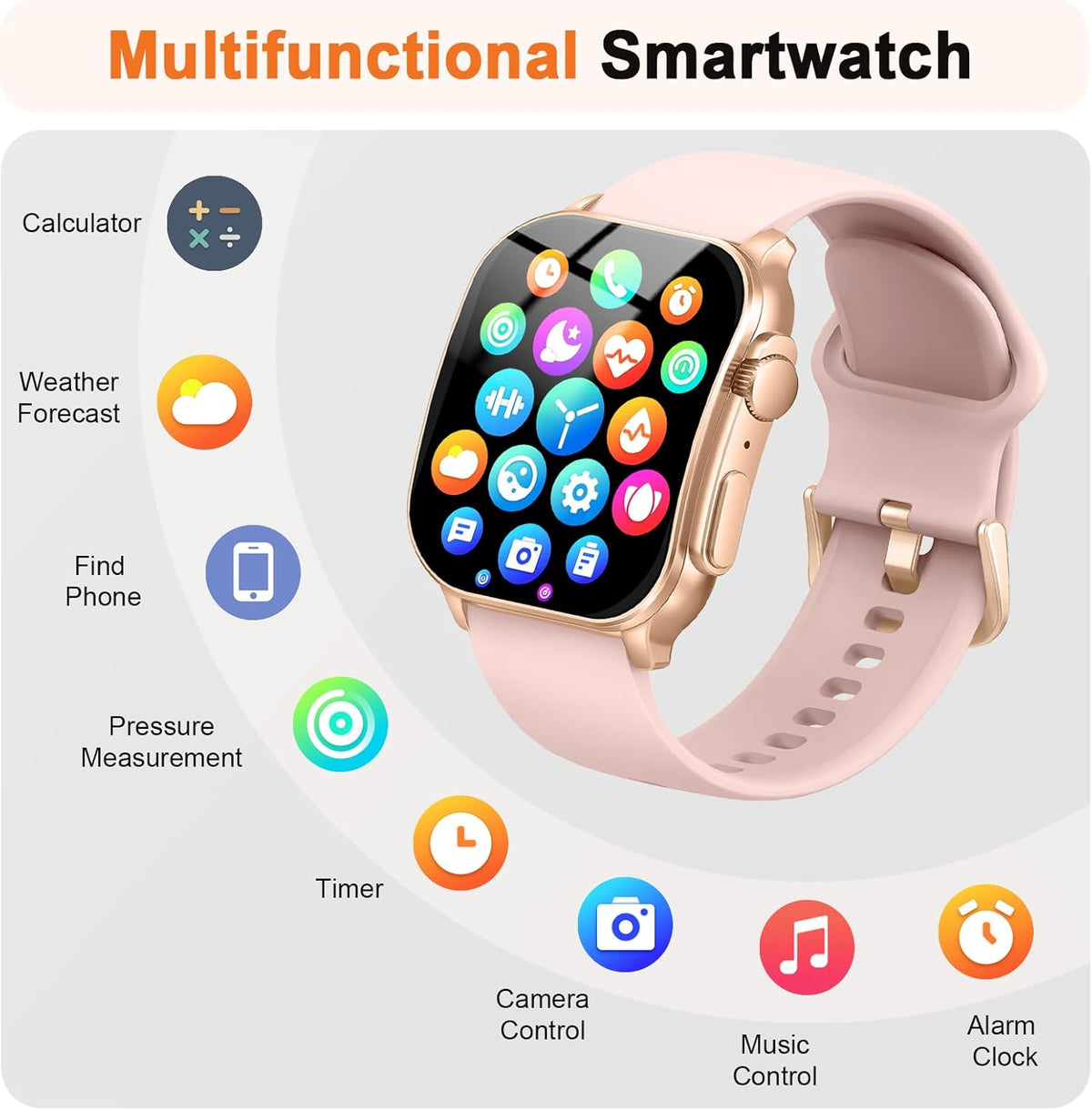 Smart Watch for Women, 2.01" AMOLED Curved Display Fitness Tracker with Answer/Make Calls, 100+ Sport Modes, 24/7 Heart Rate/Sleep Monitor/Pedometer, IP68 Waterproof Smartwatch, for Android Ios Pink