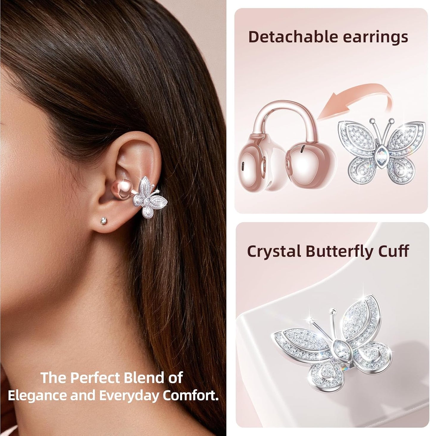 Clipfree Open-Ear Headphones with Butterfly Earrings, Ultra-Comfort & Snug Fit Clip on Earbuds, 50H Playtime Bluetooth 6.0 Wireless Headphones for Women Gifts, Sports & Workouts (Rose Gold)