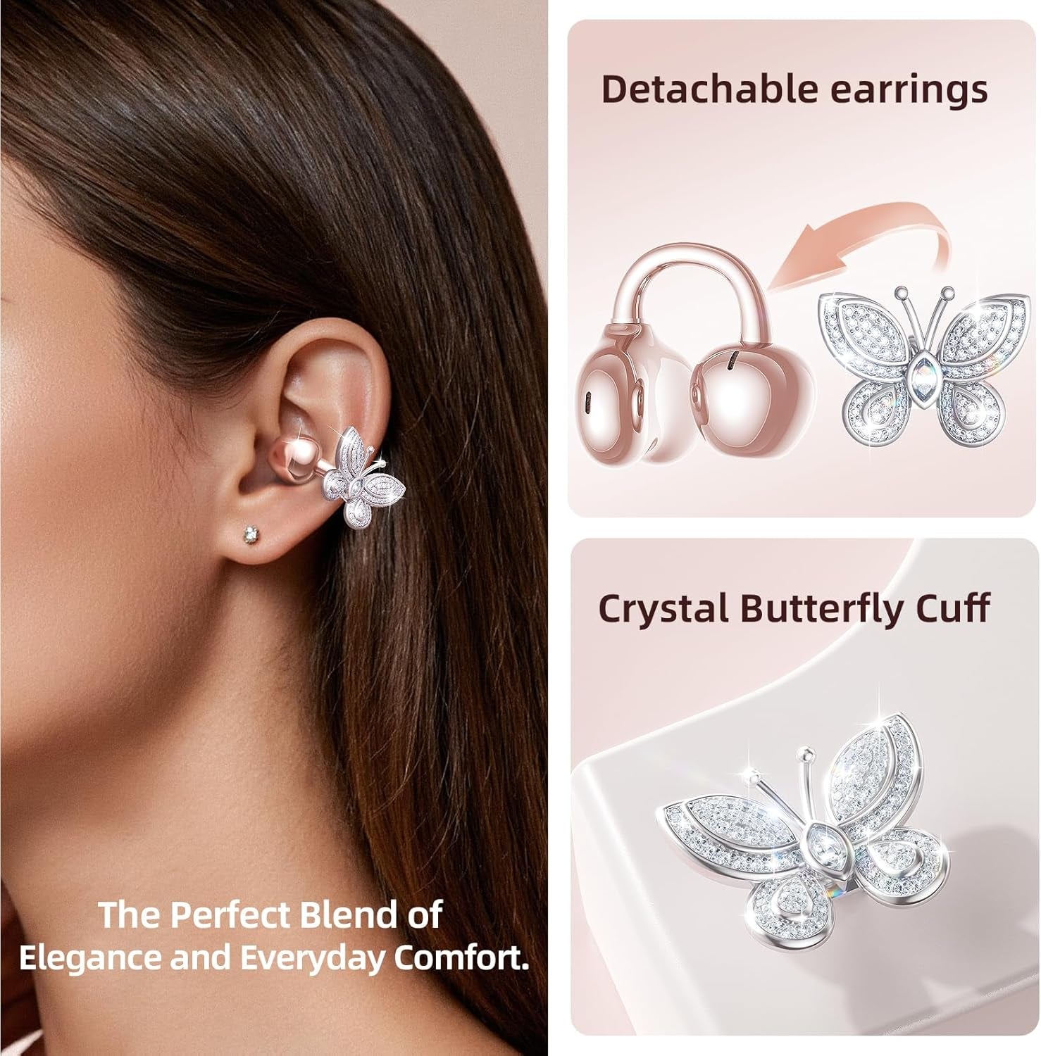 Clipfree Open-Ear Headphones with Butterfly Earrings, Ultra-Comfort & Snug Fit Clip on Earbuds, 50H Playtime Bluetooth 6.0 Wireless Headphones for Women Gifts, Sports & Workouts (Rose Gold)