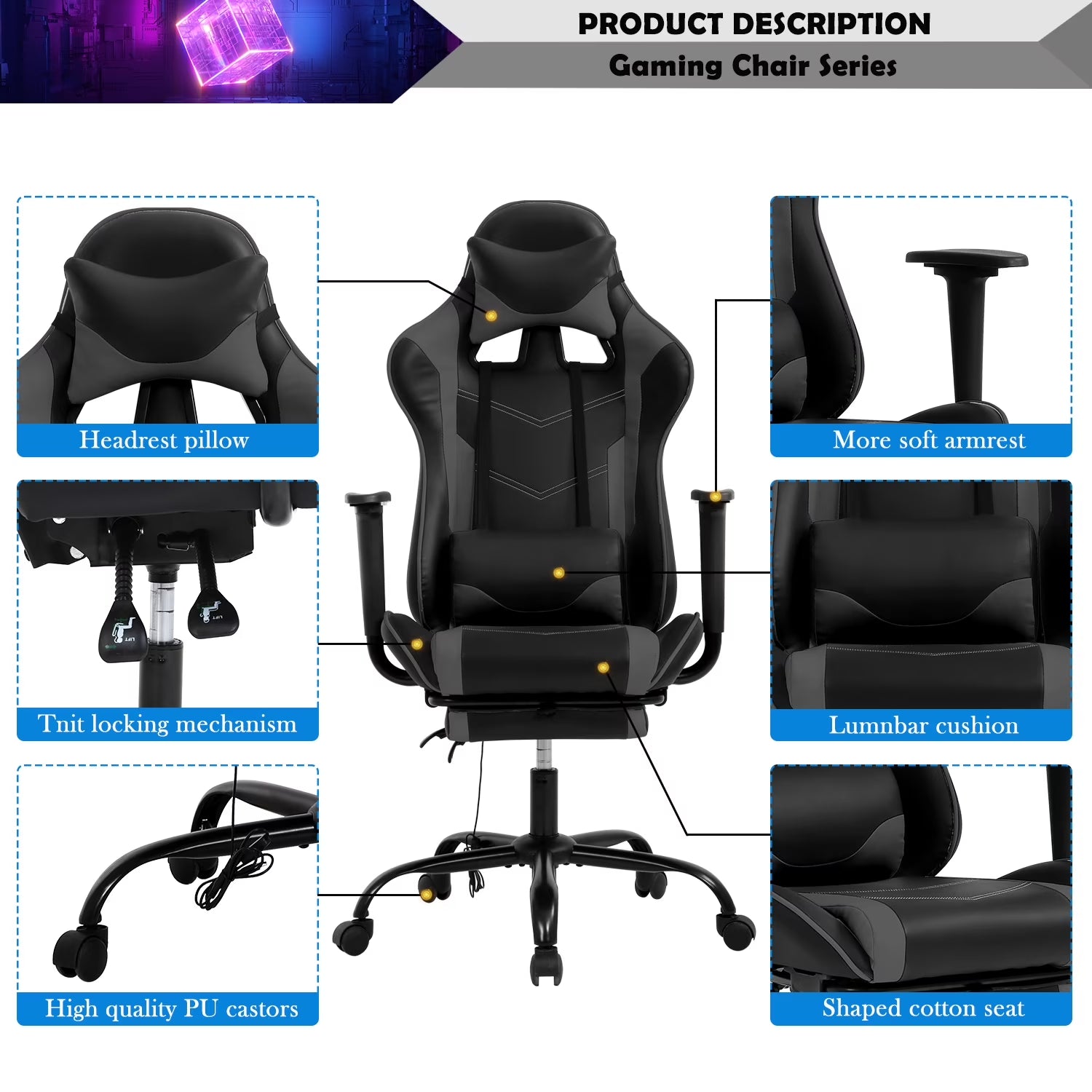 Gaming Chair Racing Office Chair Ergonomic Desk Chair Massage PU Leather Recliner PC Computer Chair with Lumbar Support Headrest Armrest Footrest Rolling Swivel Task Chair for Adults, Grey
