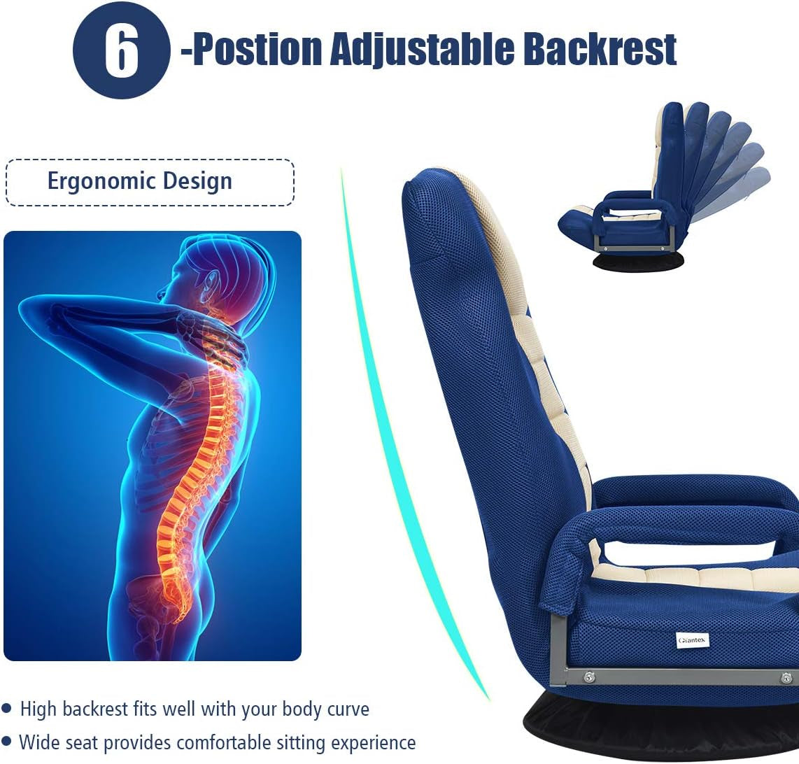 Floor Chair, 360 Degree Swivel Chair with Adjustable Backrest, Lumbar Support, Armrest, Foldable Lazy Sofa Rocker for TV, Reading, Playing Video Games, Blue/Beige