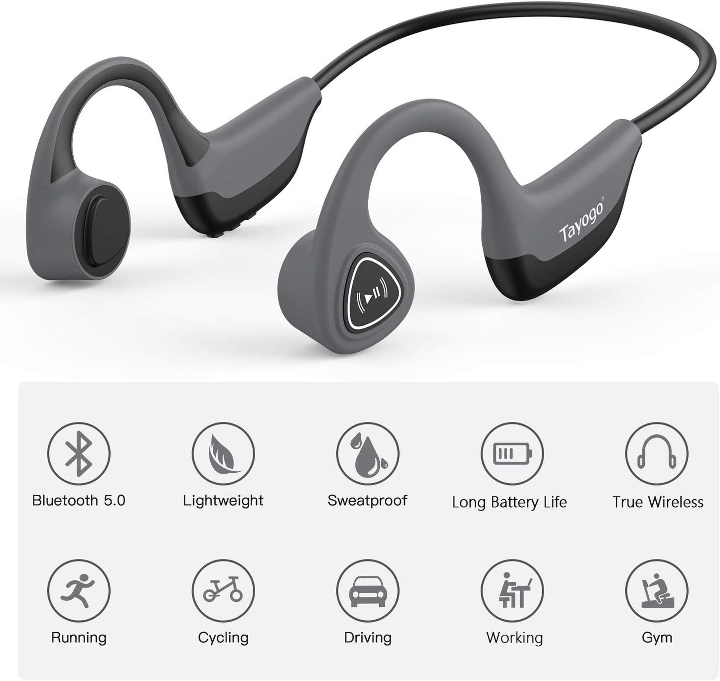Bone Conduction Headphones, Wireless Bluetooth Bone Conducting Earbuds, Open Ear Headset with Mic, for Running, Cycling, Yoga (Gray)