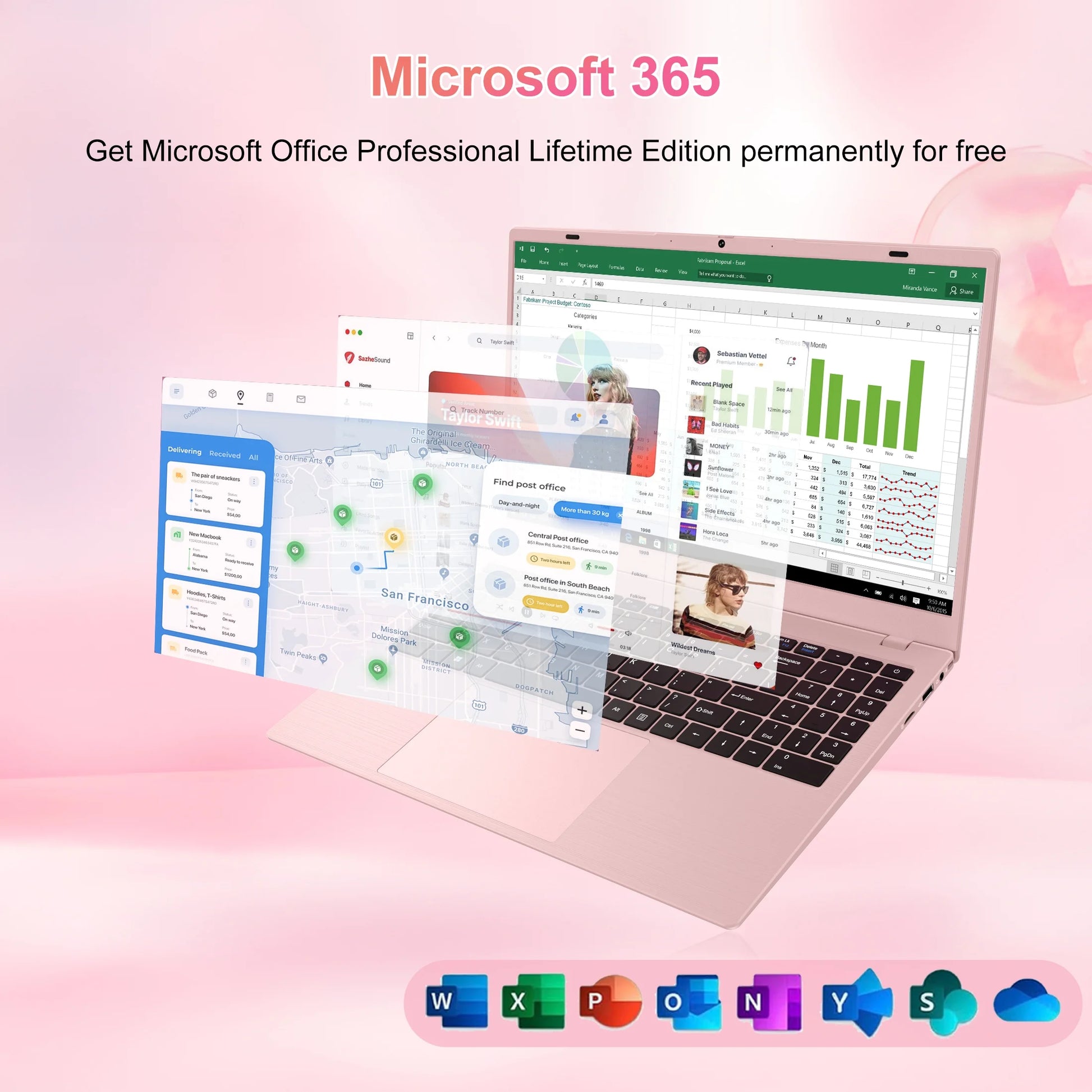 15.6" Pink Laptop Computer, 16GB RAM 512GB SSD, Intel 6500Y (Up to 3.4Ghz) with Office 2024, Windows 11 Pro Laptop, FHD Display, Wifi5 BT5.0 for Business, Student, Office
