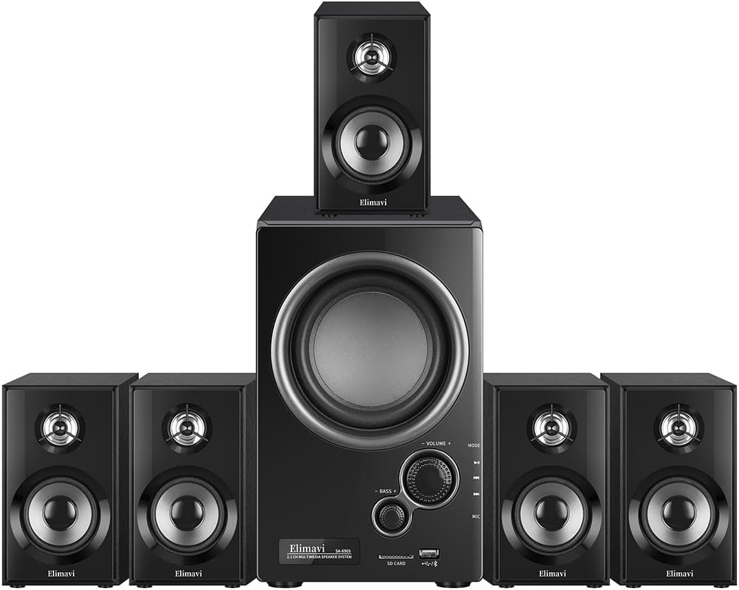 5.1 Home Theater Surround Sound System with 5.5-Inch Subwoofer | 200W Peak Power, Five 2.5-Inch Speakers, MDF Cabinets, USB, RCA, AUX and Wireless Audio Inputs