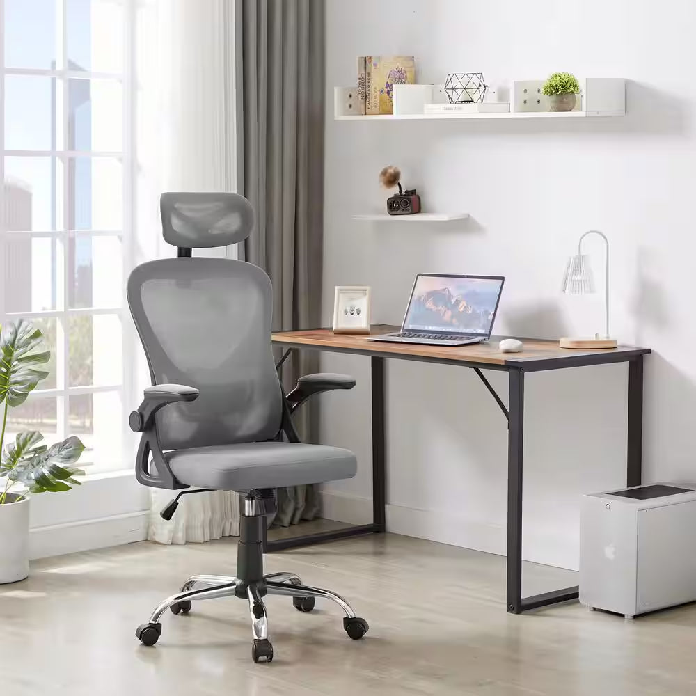 Fabric Office Chair High Back Ergonomic Adjustable Headrest Armrest Mesh Lumbar Support Task Chair in Gray with Arms
