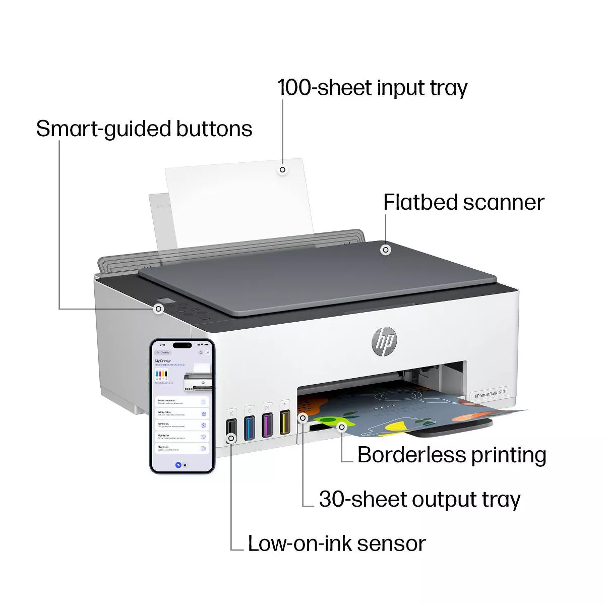 HP Smart Tank 5101 Wireless All-In-One Color Refillable Supertank Printer, Scanner, Copier (1F3Y0A)