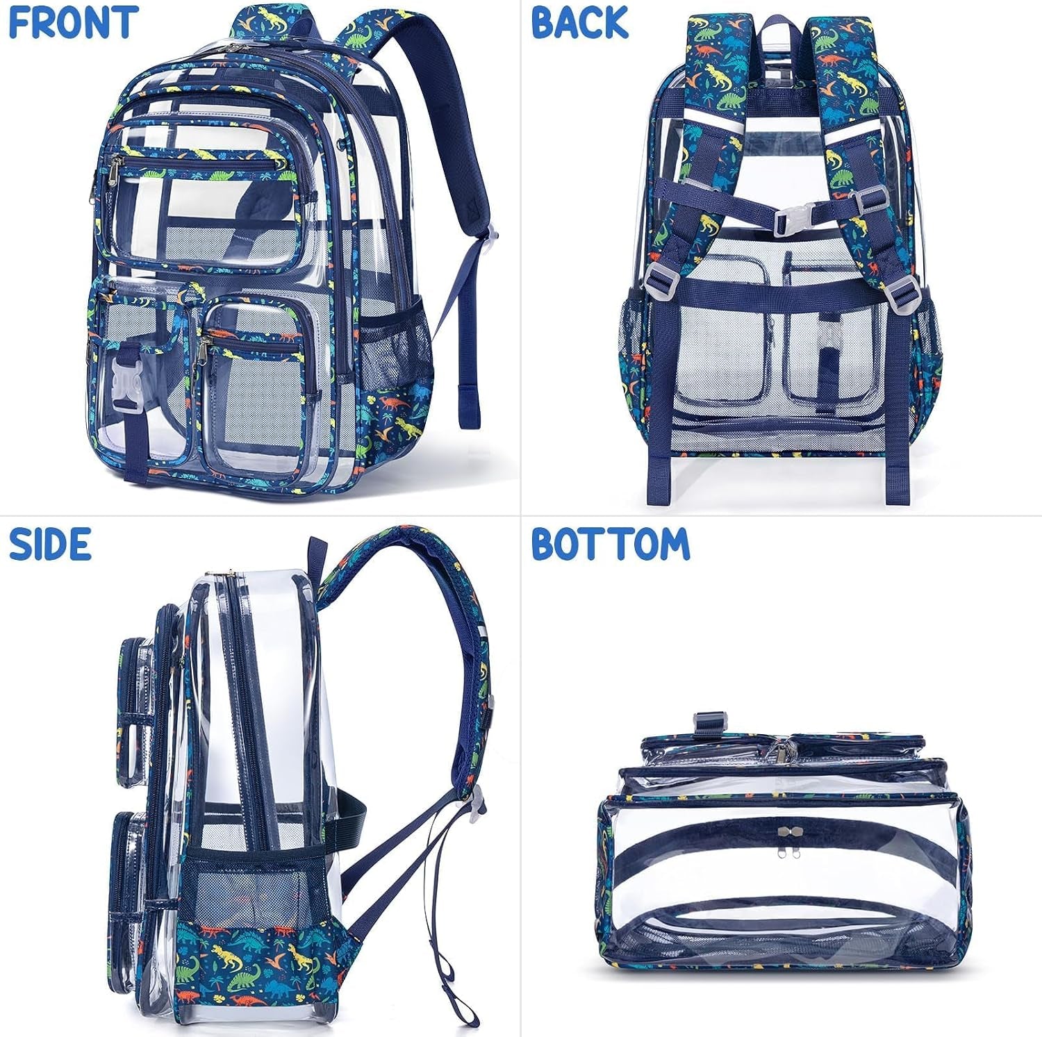 Clear Backpack for Boys, 3PCS Heavy Duty PVC Transparent Boys Backpack with Lunch Box & Pencil Case, School Stadium Event Approved Toddler School Bookbag for Preschool Kindergarten Elementary