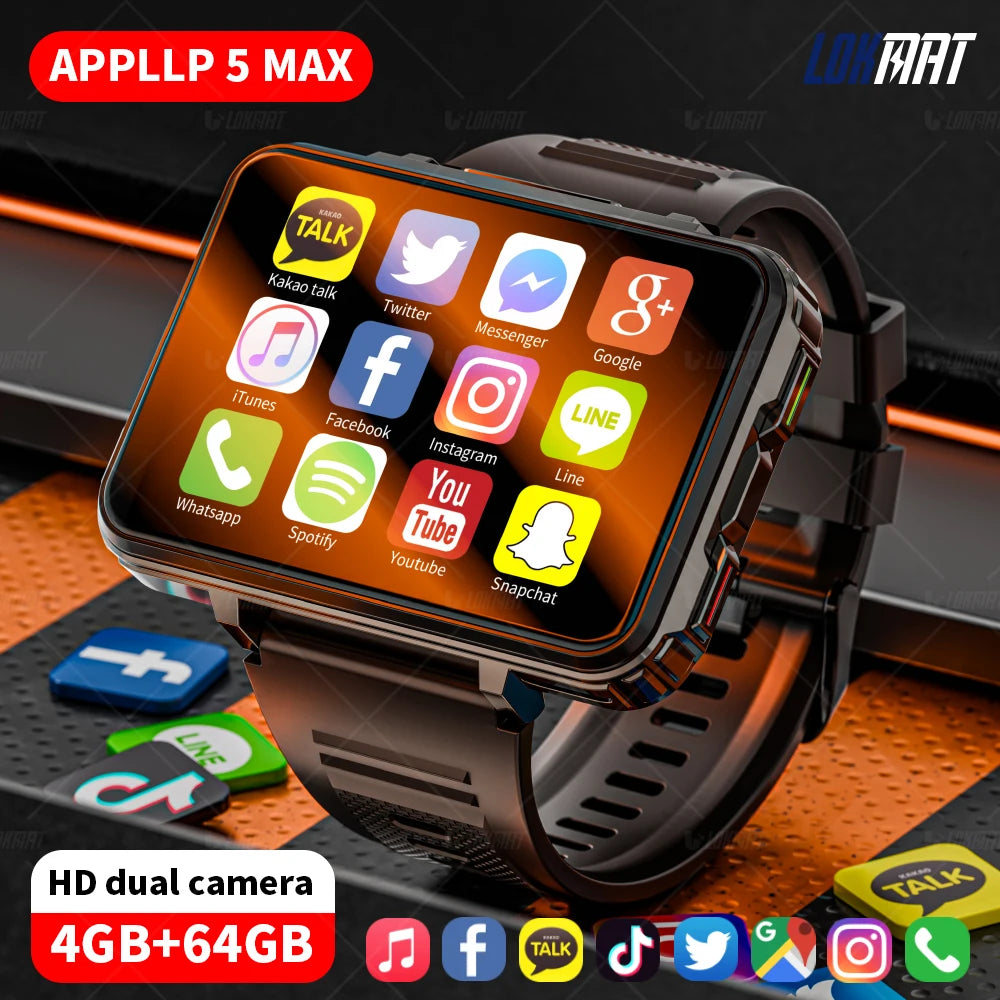 Lokmat Appllp 5 Android Watch Phone Square Big Screen Wifi 4G Calls Smartwatches Dual Camera with Flashlight Gaming Watch