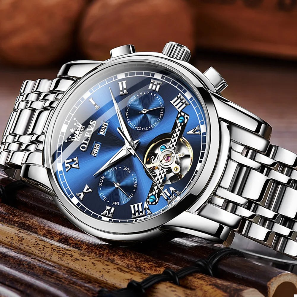 Men'S Watches Automatic Mechanical Business Wristwatch Waterproof Stainless Steel Strap Watch for Man Skeleton Calendar