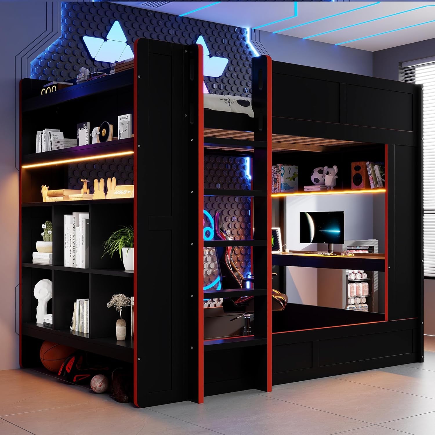Full Size Wood Gaming Bunk Bed, Gaming Loft Bed with Desk, Storage Shelves, Charging Station, Black