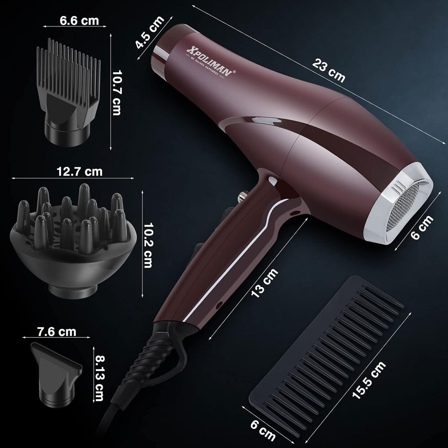 2000 Watt Hair Dryer, Negative Ionic Blow Dryer with Diffuser Concentrator Comb, 2 Speed 3 Heat Settings, Low Noise Long Life Style-Brown/Purple