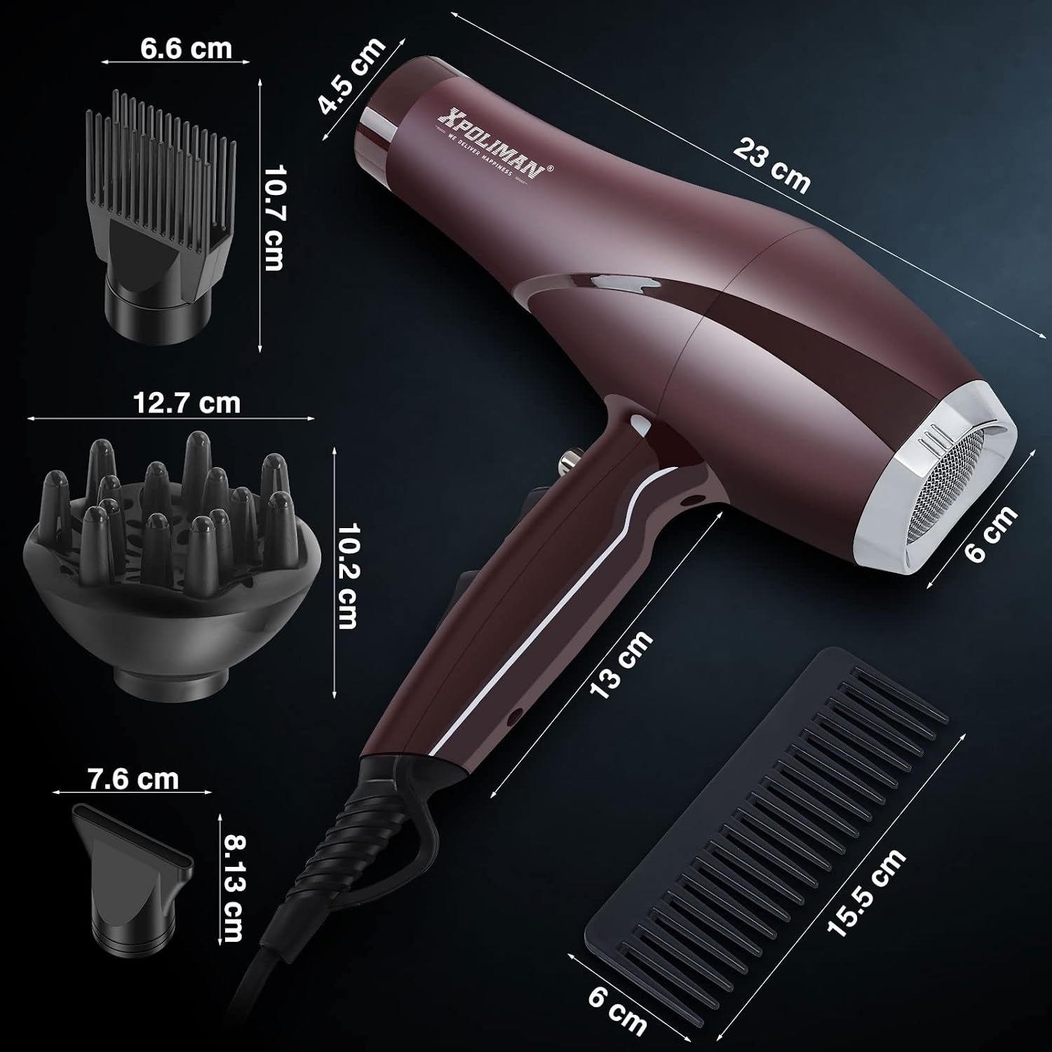 2000 Watt Hair Dryer, Negative Ionic Blow Dryer with Diffuser Concentrator Comb, 2 Speed 3 Heat Settings, Low Noise Long Life Style-Brown/Purple