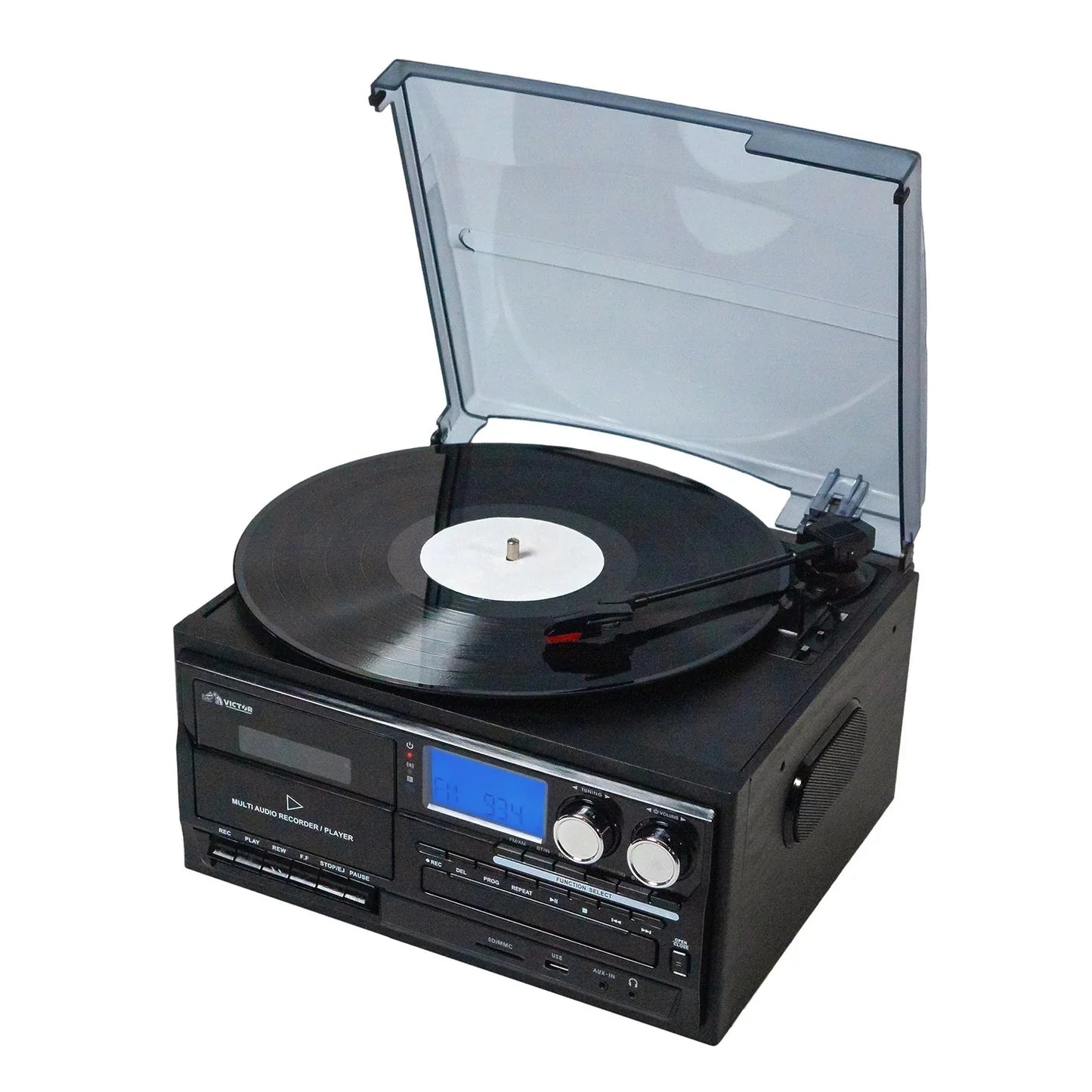 VWRP-4200 Cosmopolitan 8-In-1 Turntable Music Center with 3-Speed Record Player, Cd/Mp3/Cassette Player, AM/FM Radio, Dual Bluetooth in & Out, USB Playback & Recording