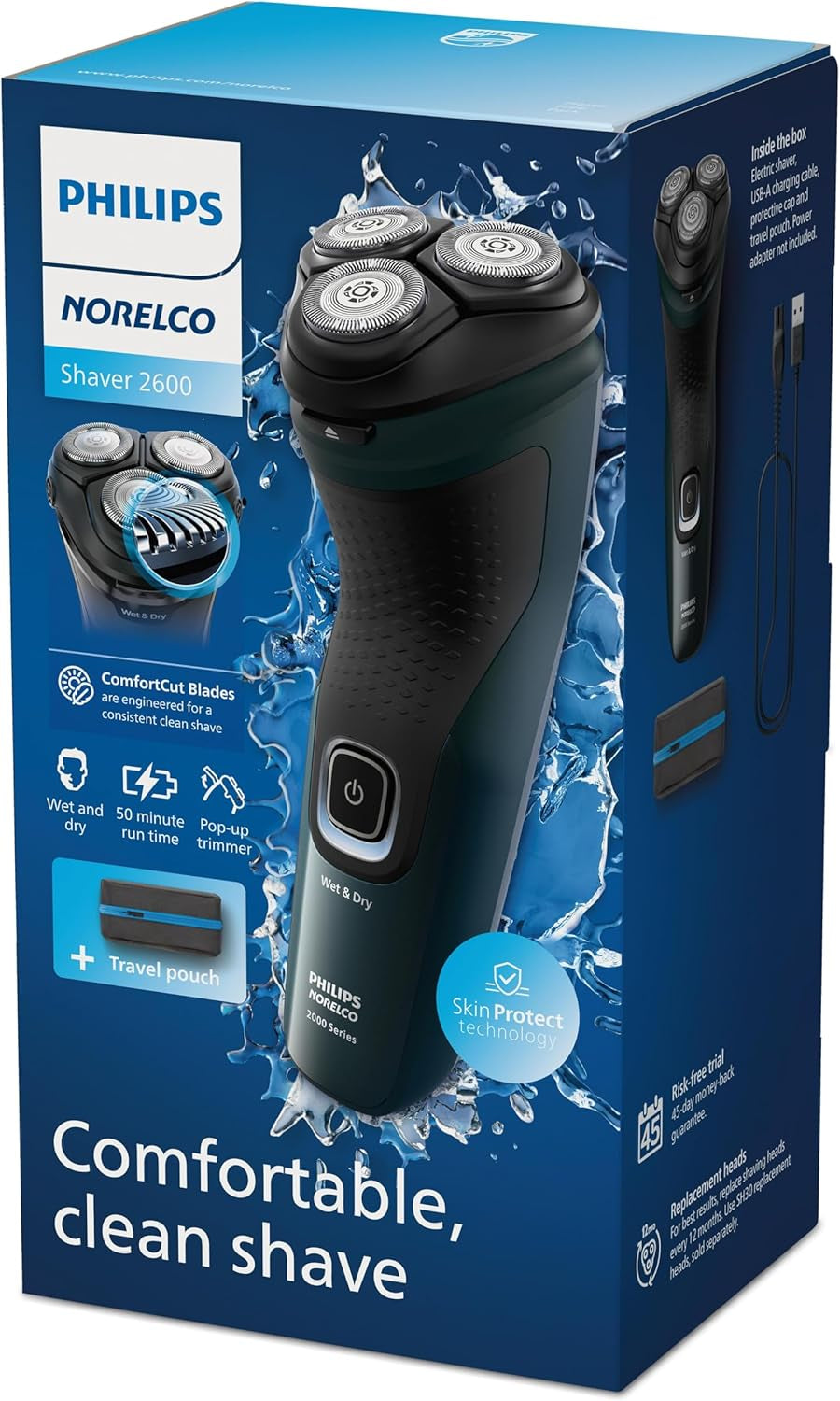 Shaver 2600 Series, Wet and Dry Electric Shaver, Pop-Up Trimmer, P-Cap, Travel Pouch, Dark Forest Green, Model X3052/91