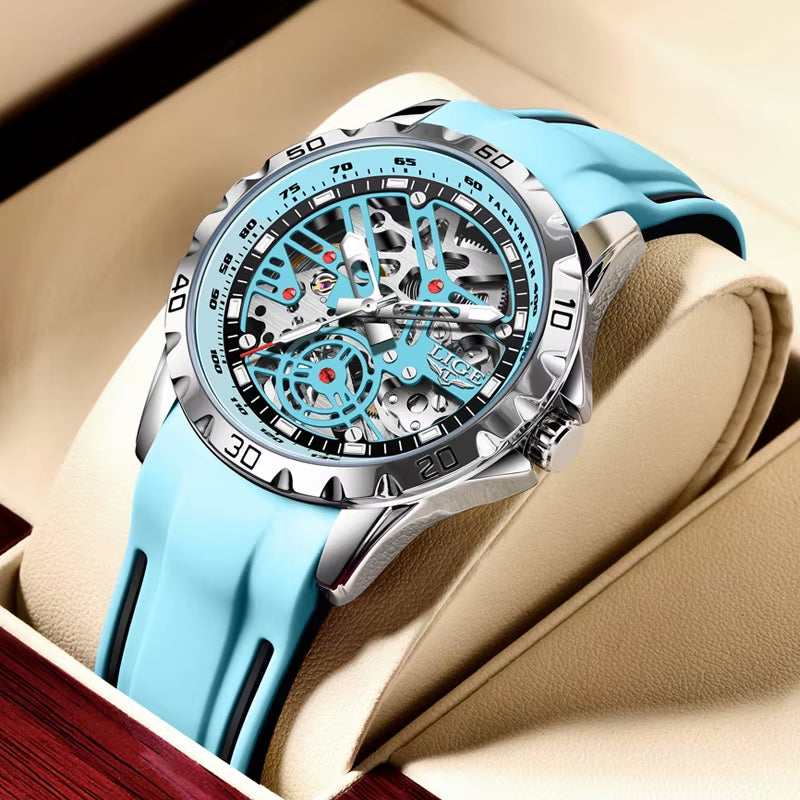 Luxury Men Watches Automatic Mechanical Wristwatch Skeleton Design Waterproof Silicone Strap Male Watch Reloj Hombre+Box