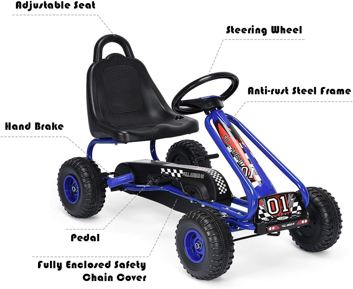 Go Kart for Kids, 4 Wheel Pedal Powered Go Cart with Steering Wheels & Adjustable Seat, Safety Hand Brake, Non-Slip Tires, Outdoor Off-Road Racer Ride on Pedal Car for Boy Girl (Blue)