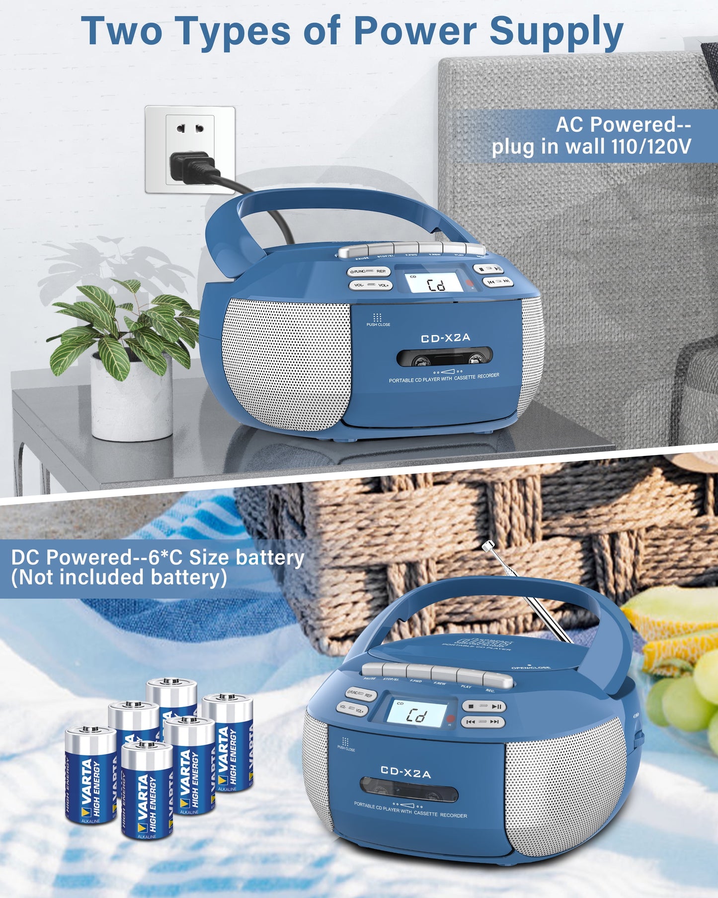 CD Player Combo with Bluetooth, Boombox Cassette Portable CD Players, Support AM FM Radio/Remote Control/Aux/Usb/Earphone, Ac/Battery Operated, LCD Display for Home,Kids,Gift (Blue)