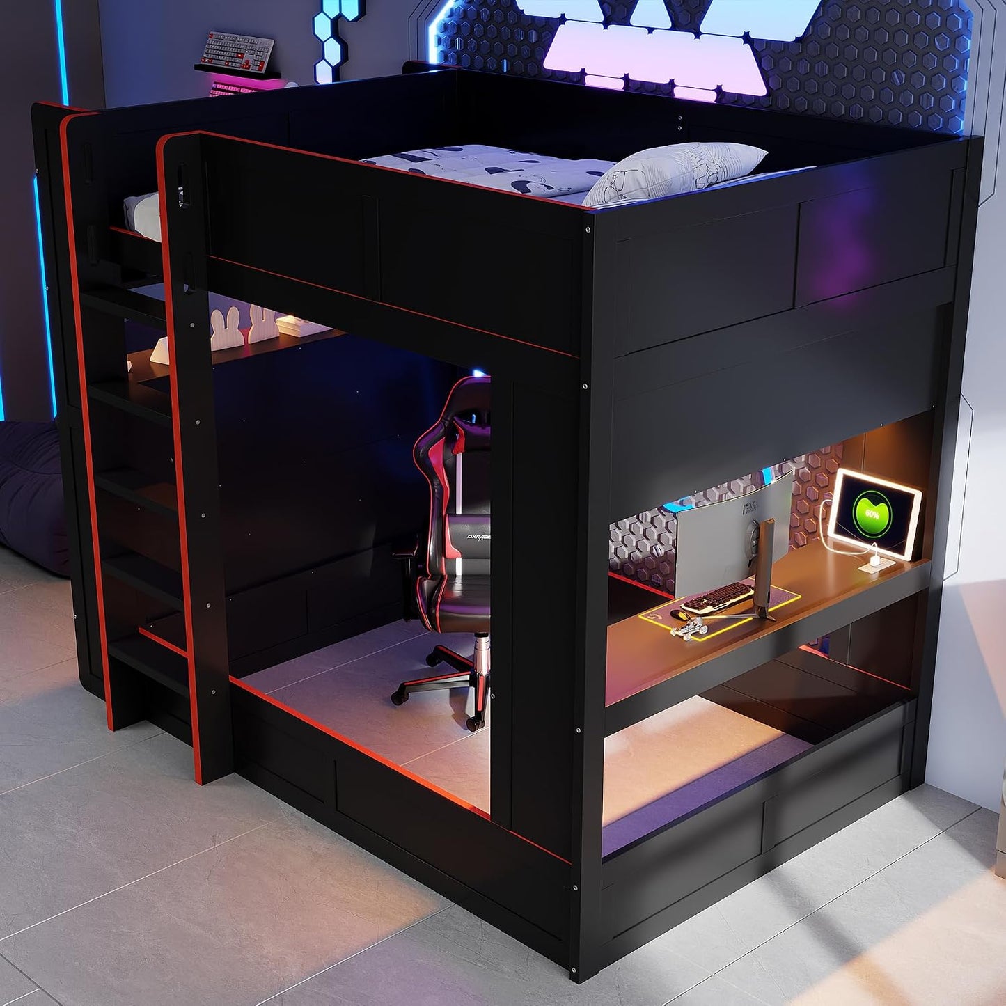 Full Size Wood Gaming Bunk Bed, Gaming Loft Bed with Desk, Storage Shelves, Charging Station, Black